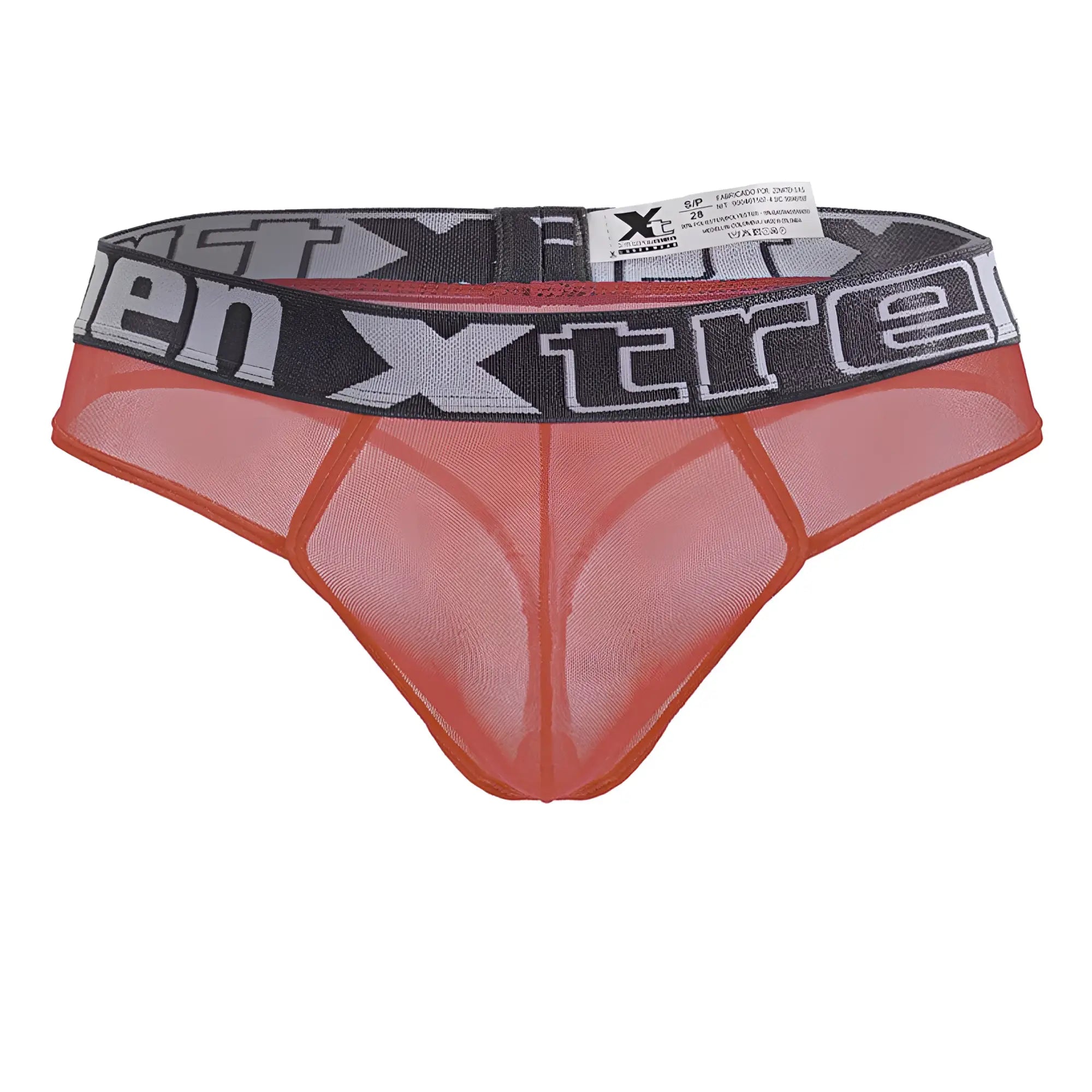 Xtremen 91235 microfiber thong in orange mesh with gray and black xtreme logo elastic waistband in front view