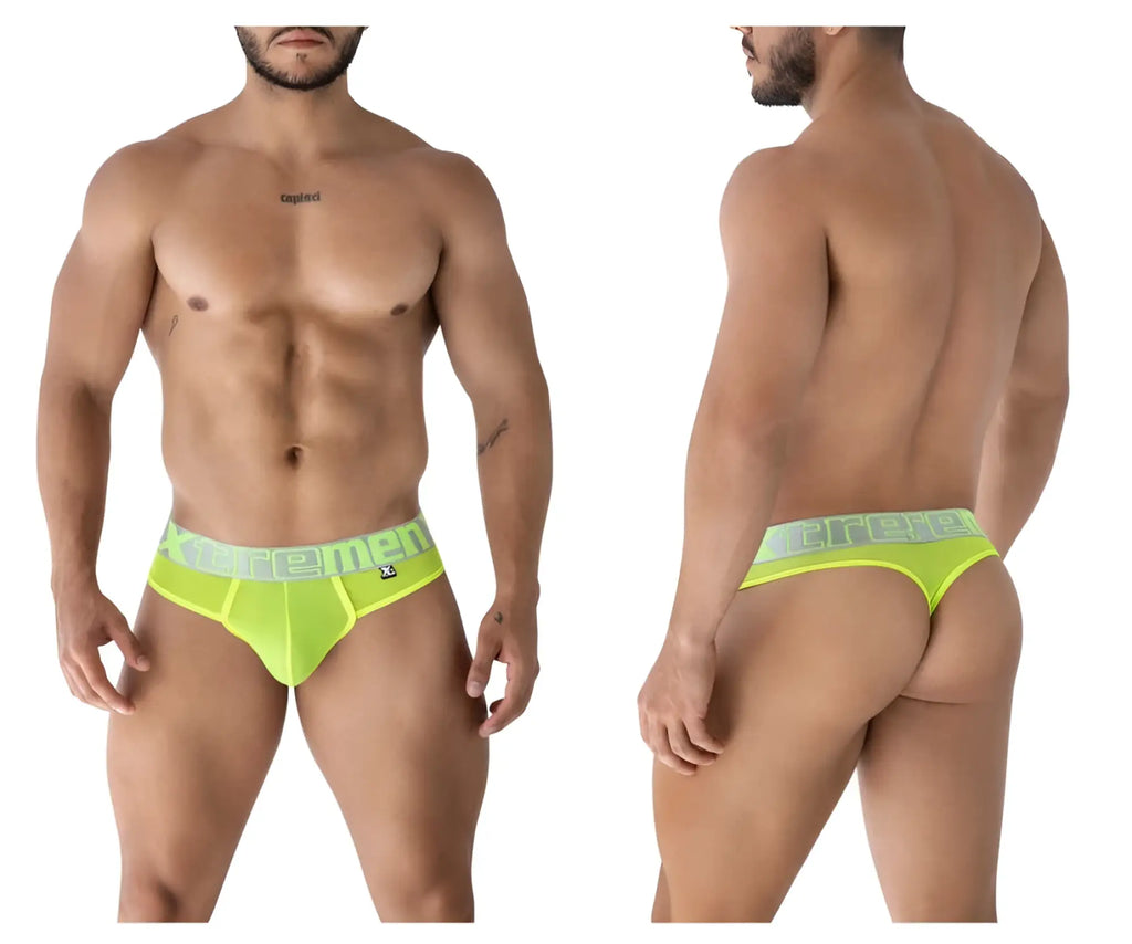 Bright neon green xtremen 91235 microfiber men’s briefs with light gray waistband and xtremen logo
