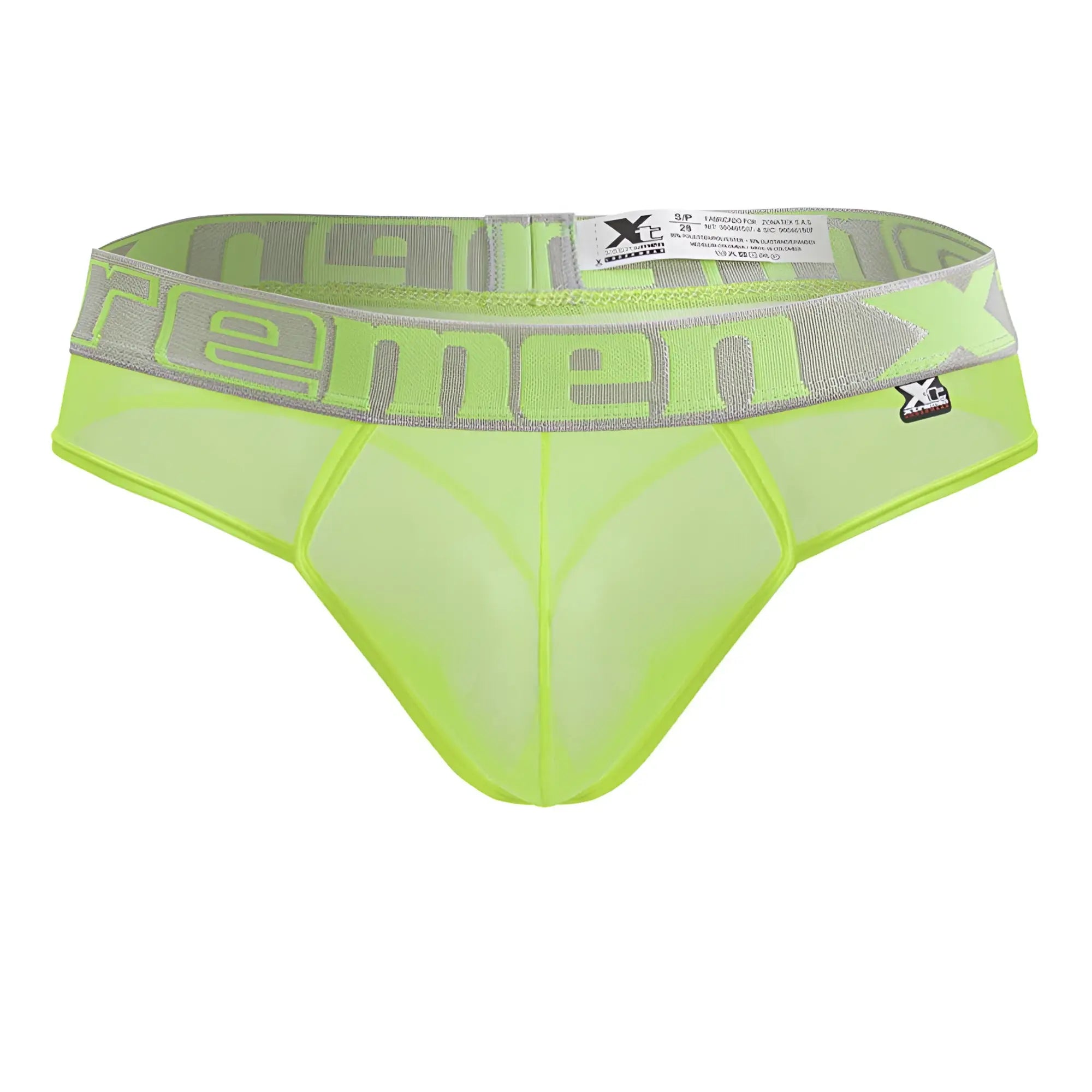 Bright neon green microfiber mesh briefs with gray elastic waistband featuring xc logo from Xtremen 91235 collection