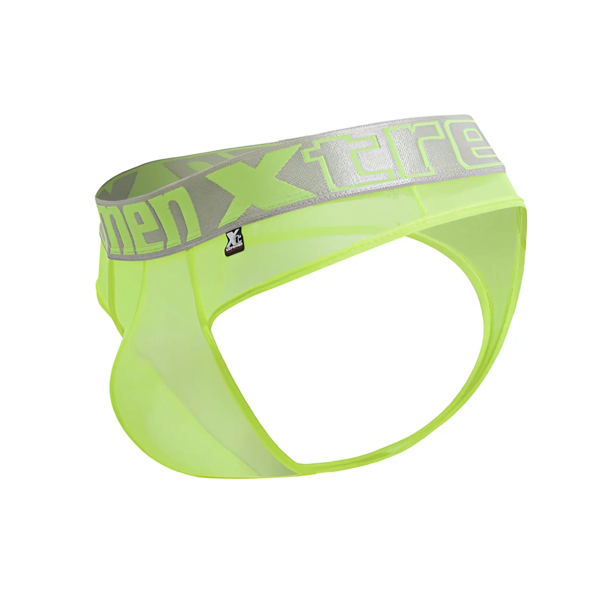Bright neon green xtremen 91235 microfiber mesh briefs with gray elastic waistband and neon green logo lettering