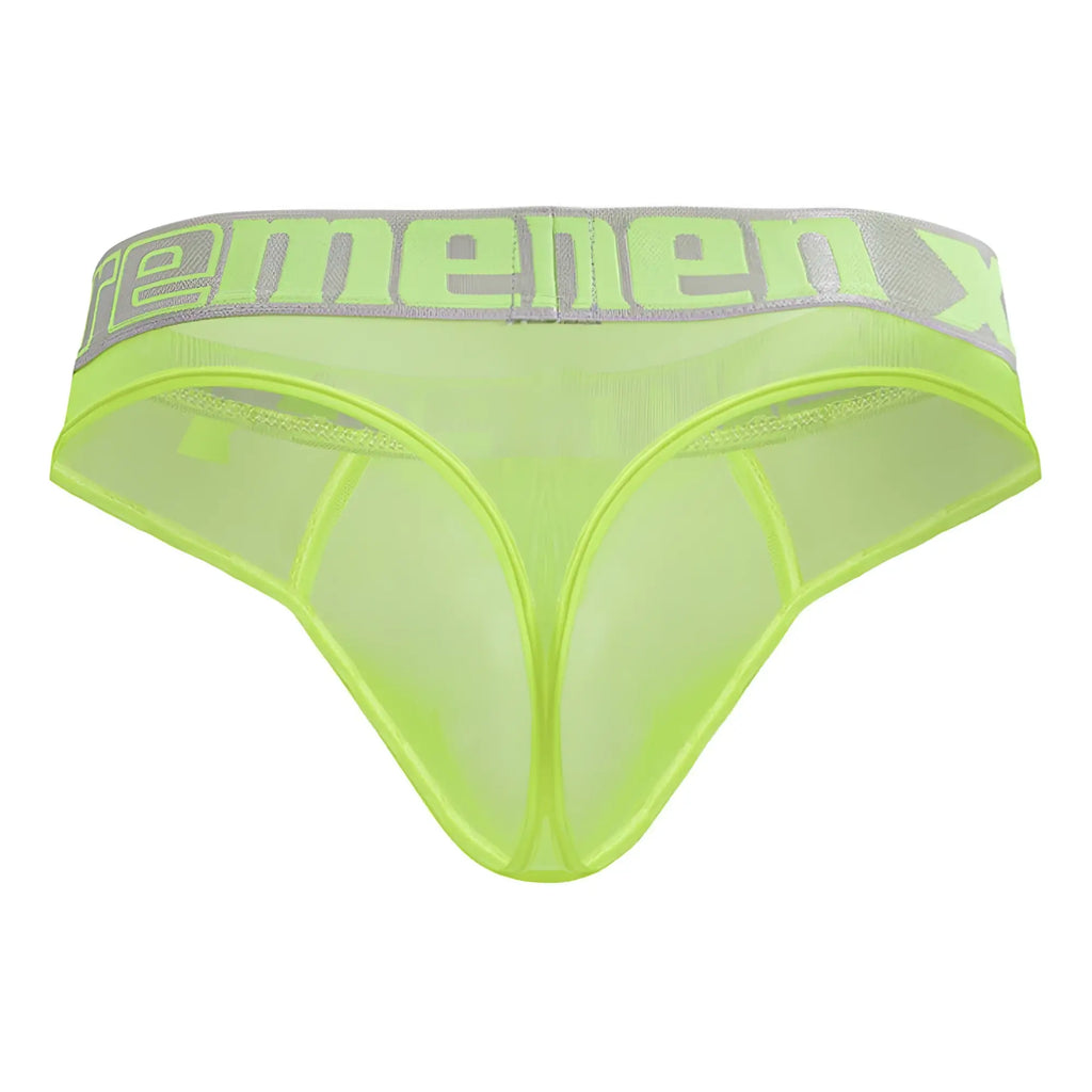 Lime green sheer mesh menenx briefs with gray elastic waistband xtremen 91235 microfiber thongs neon green