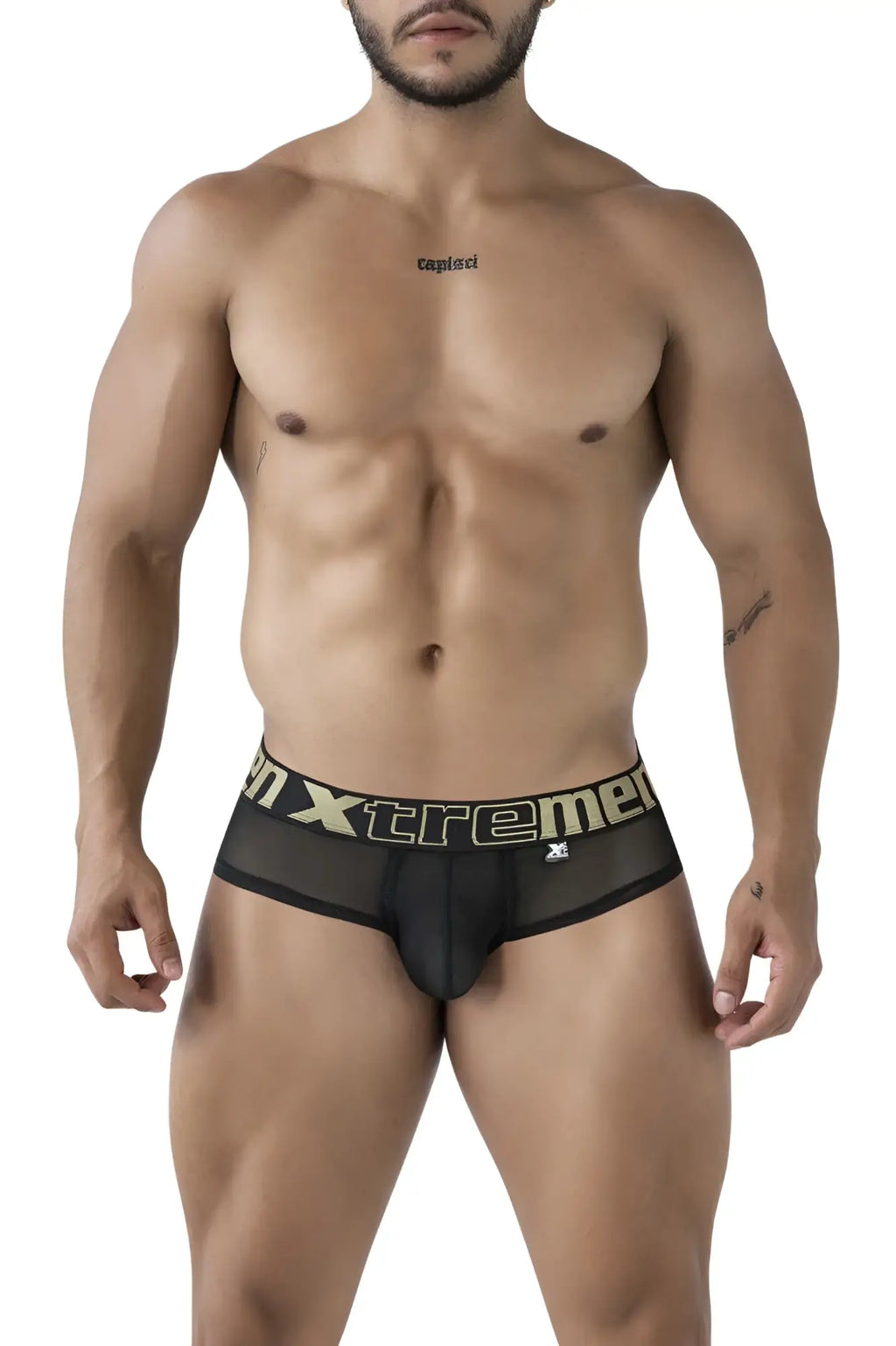 Black xtremen 91236 microfiber briefs with mesh fabric and gold black xtreme logo waistband visible from the front
