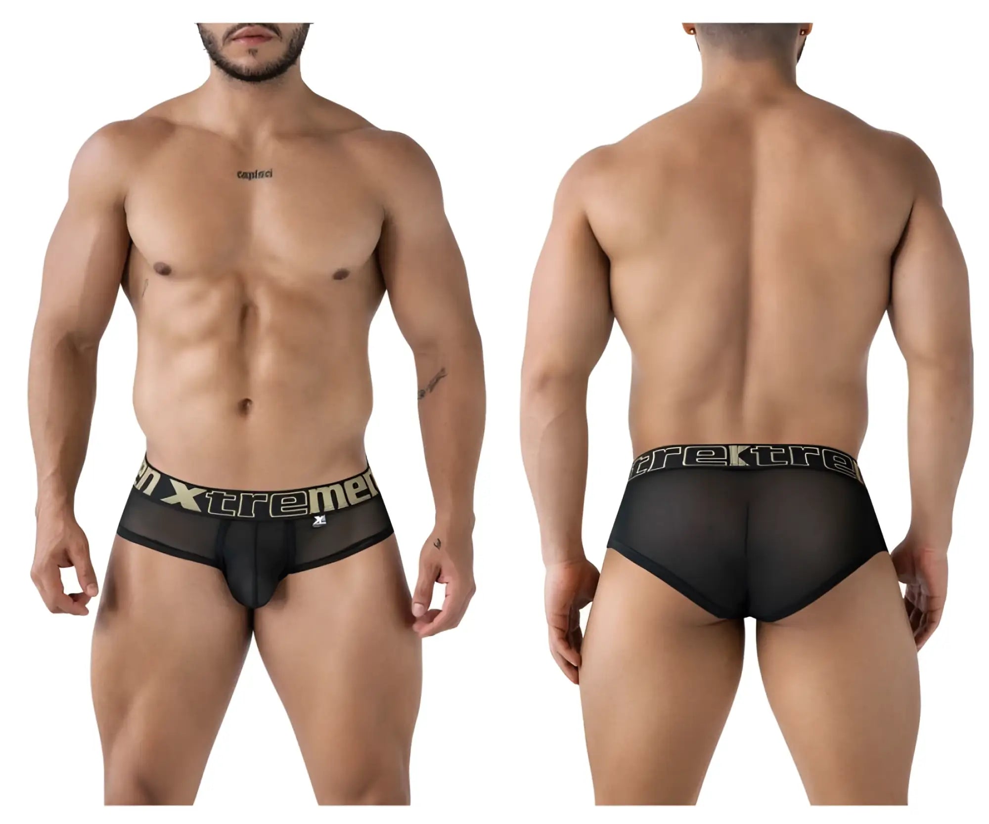 Black xtremen 91236 microfiber briefs with gold and black xtreme logo waistband in black mesh material