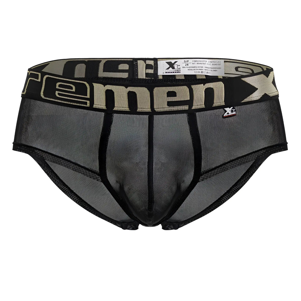 Black xtremen 91236 microfiber briefs with mesh fabric and wide waistband featuring beige xc branding