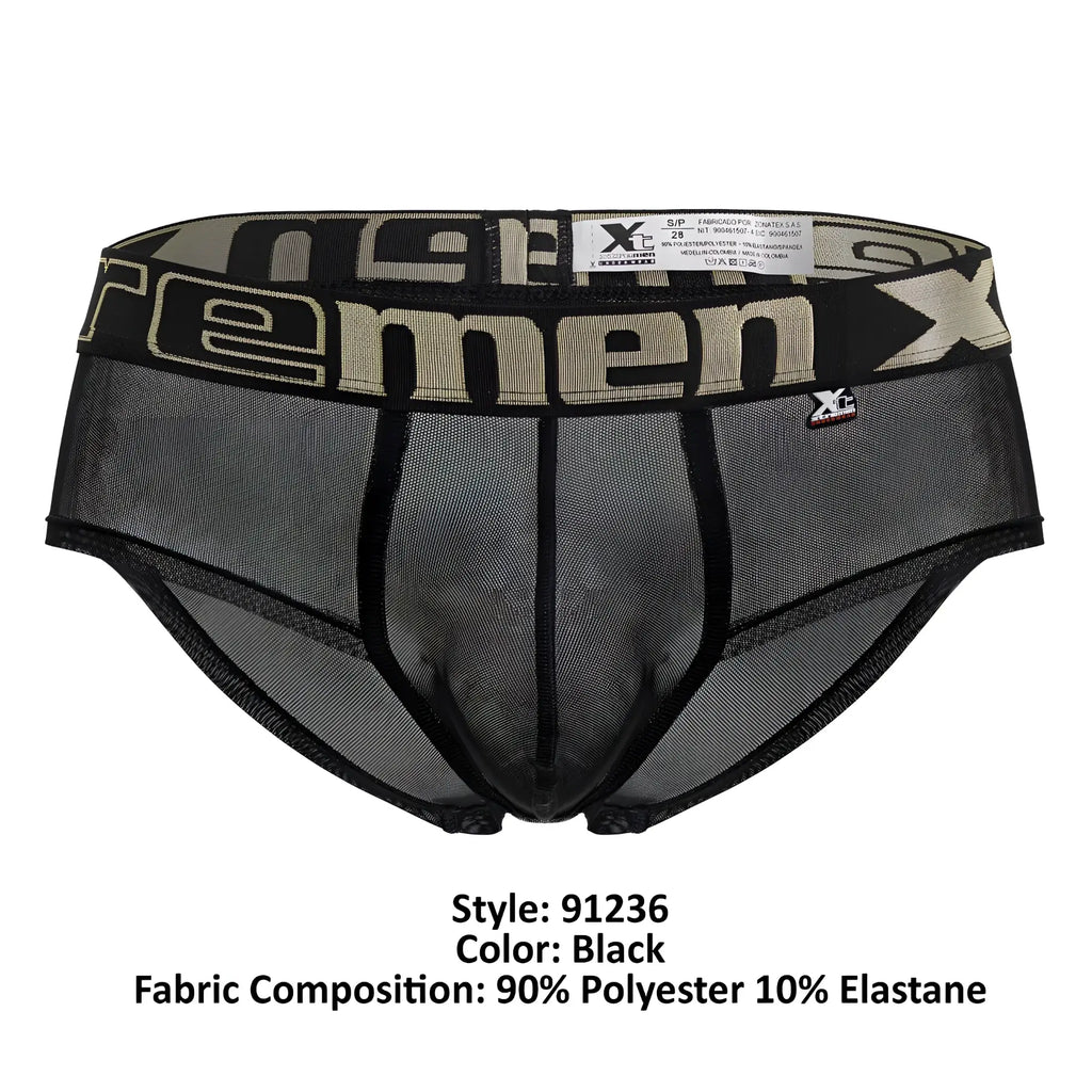 Black xtremen 91236 microfiber briefs with mesh fabric and wide elastic waistband featuring xc men logo in beige