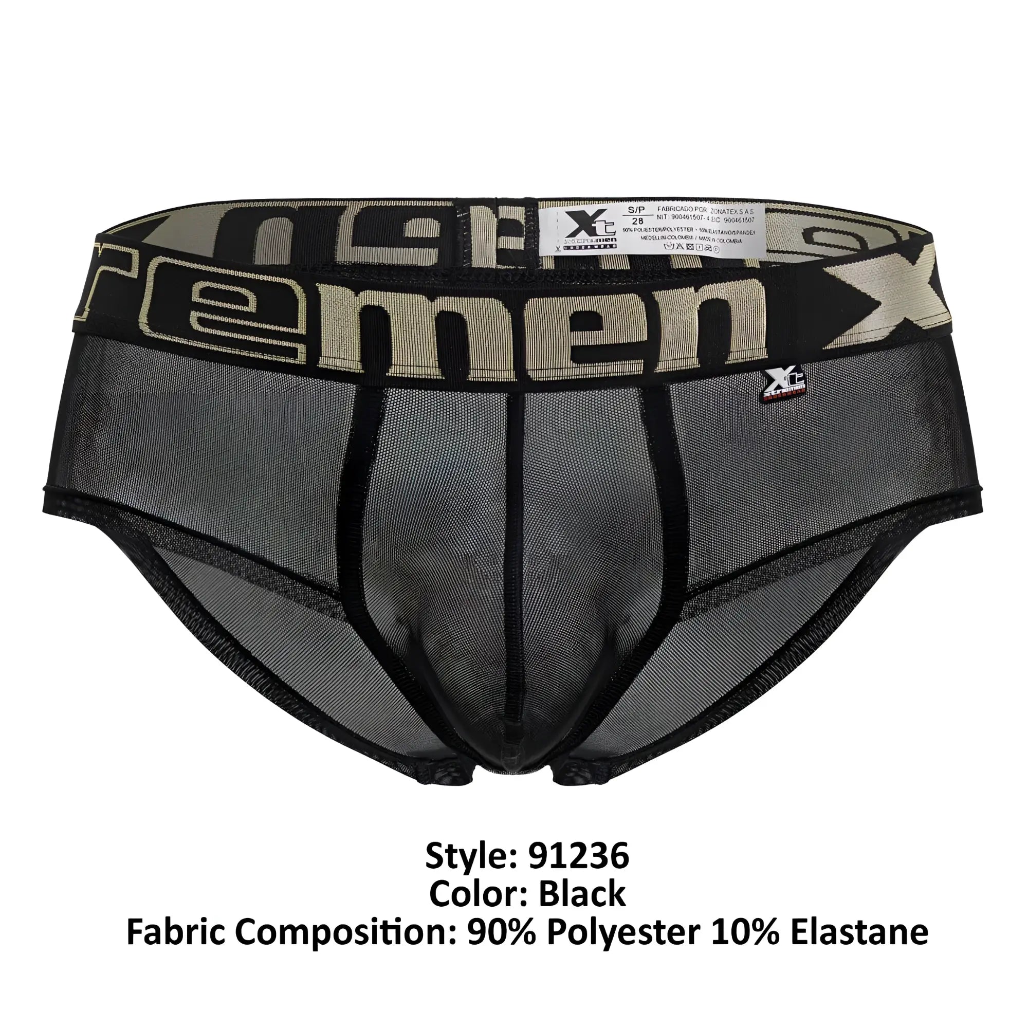 Black xtremen 91236 microfiber briefs with mesh fabric and wide elastic waistband featuring xc men logo in beige