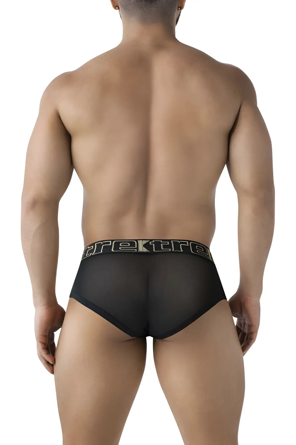 Black sheer mesh xtremen 91236 microfiber briefs with black elastic waistband and silver trek logo