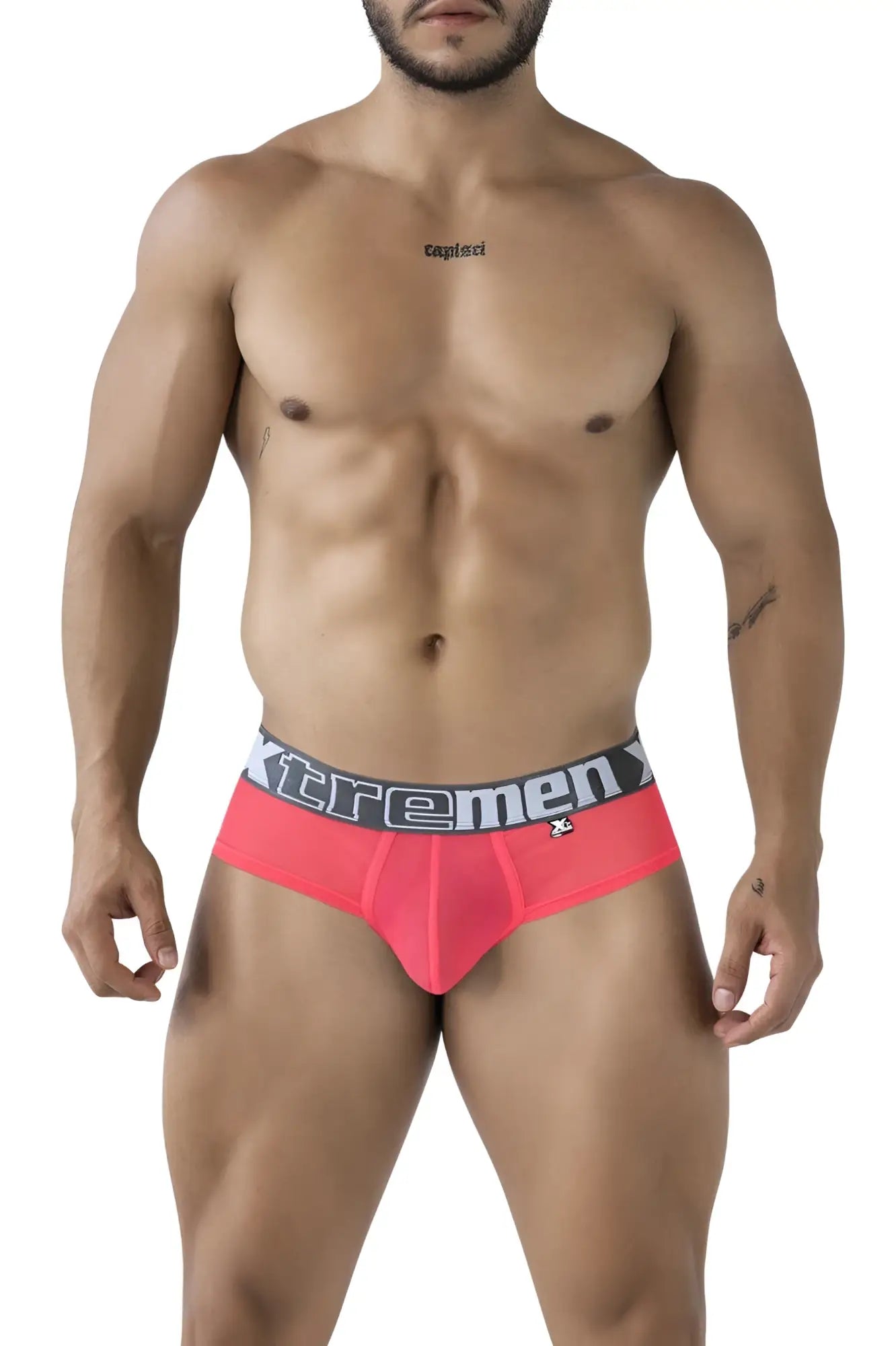 Bright pink xtremen 91236 microfiber men’s briefs with a black and white xtremen waistband and brand logo