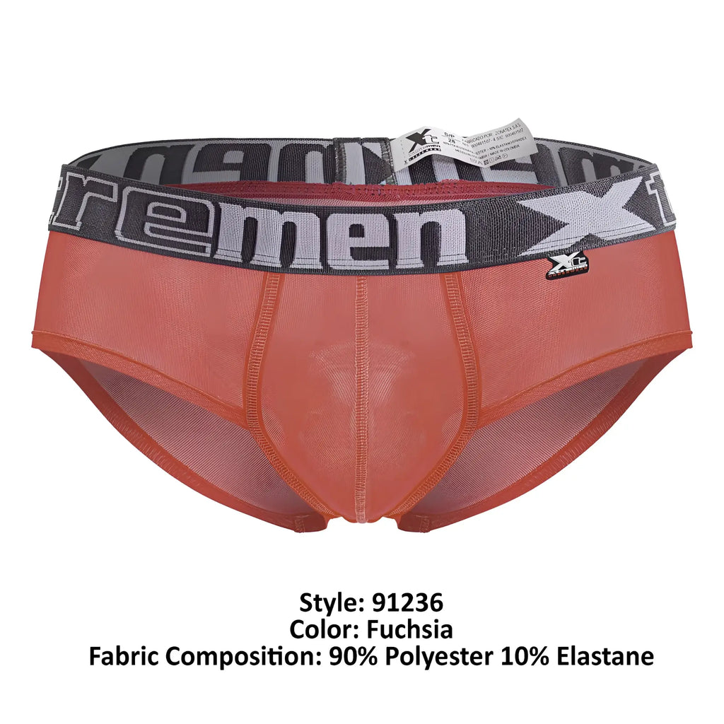 Fuchsia xtremen 91236 microfiber men’s briefs with gray elastic waistband featuring xtreme logo and branding