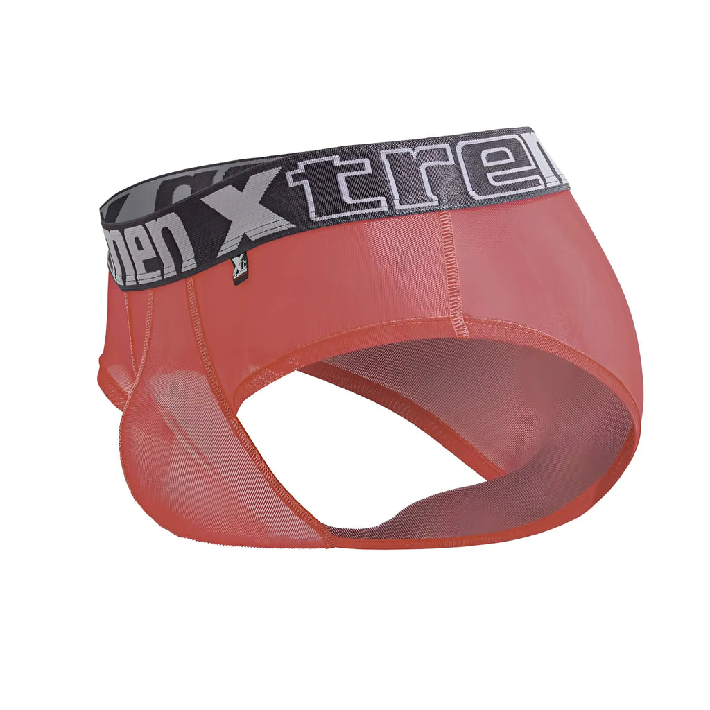 Red mesh men’s underwear microfiber briefs in fuchsia with black and gray xtreme logo waistband