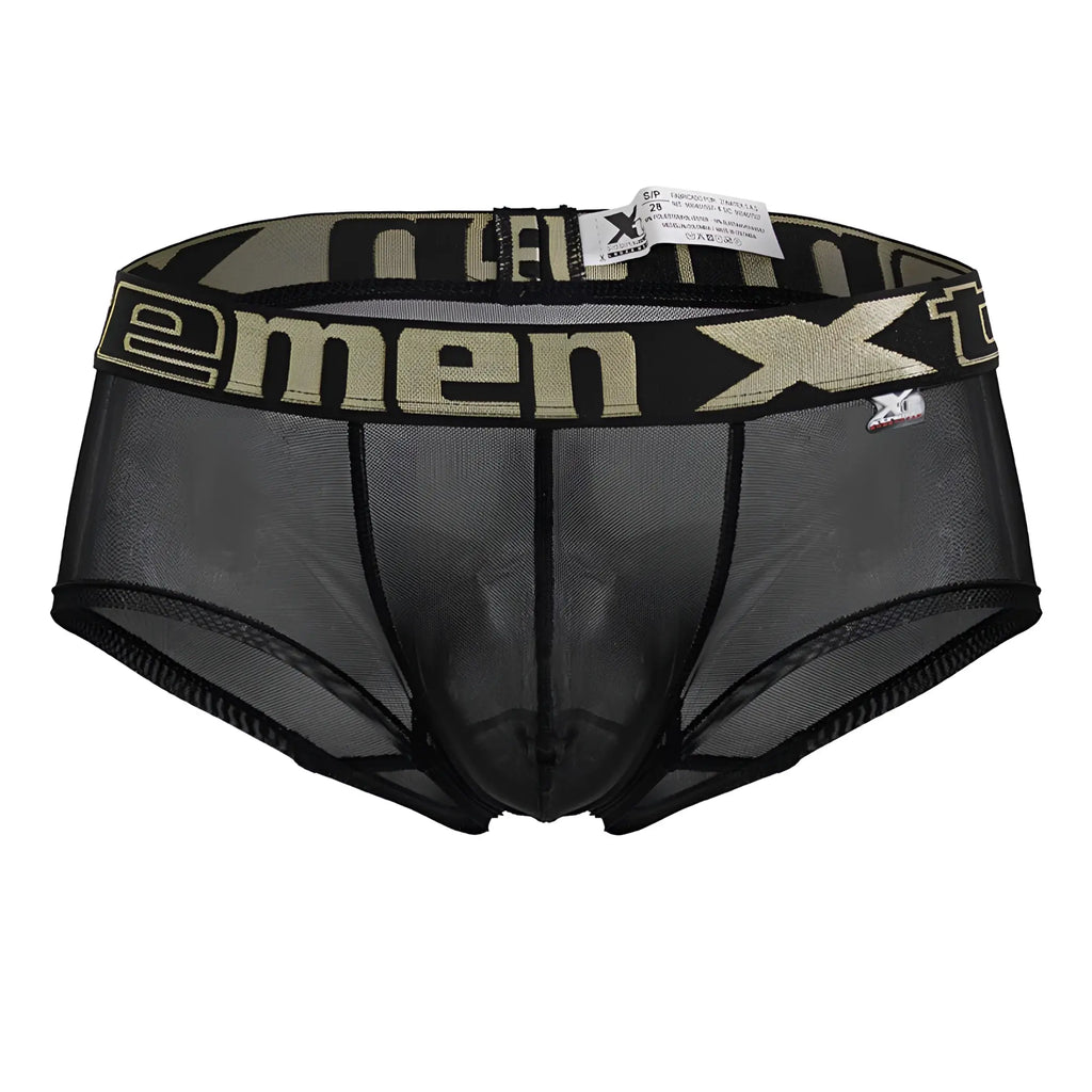 Xtremen 91237 black microfiber trunks with black mesh fabric and camouflage waistband featuring xmen logo in beige