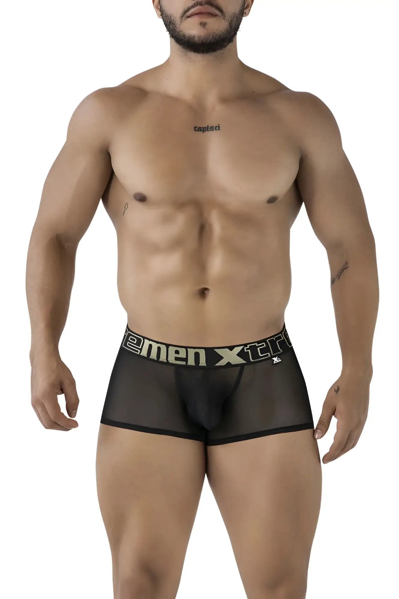 Black sheer men’s microfiber boxer briefs with a black elastic waistband featuring white men xtra logo Xtremen 91237