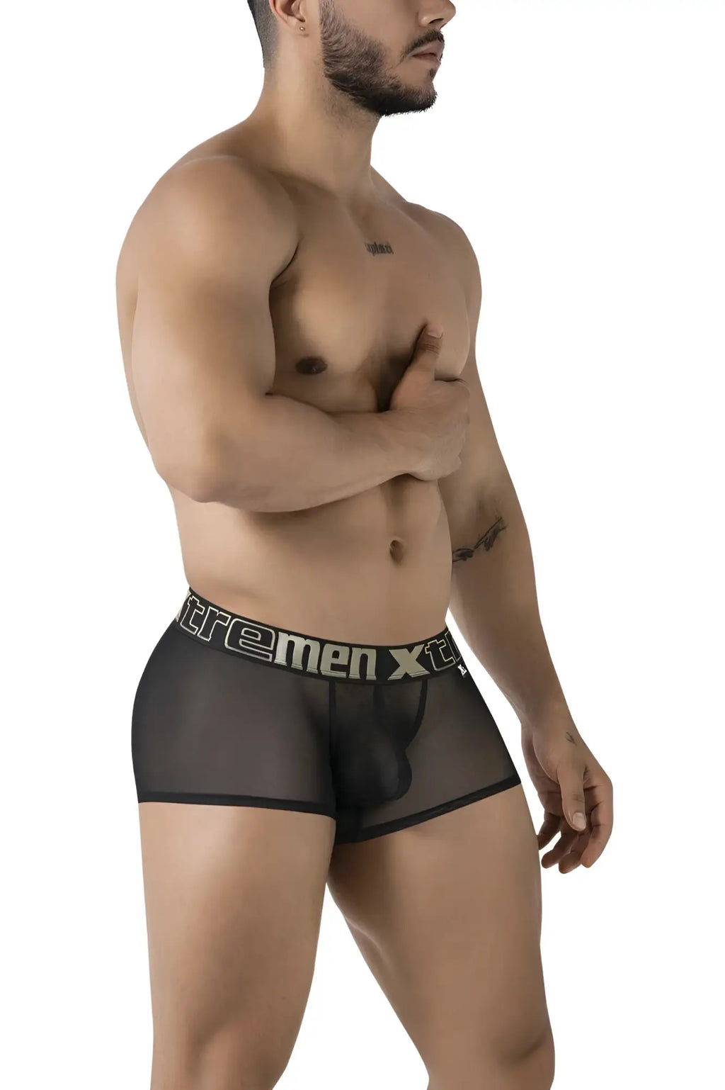 Black sheer men’s boxer briefs Xtremen 91237 with contrasting white and black logo microfiber band