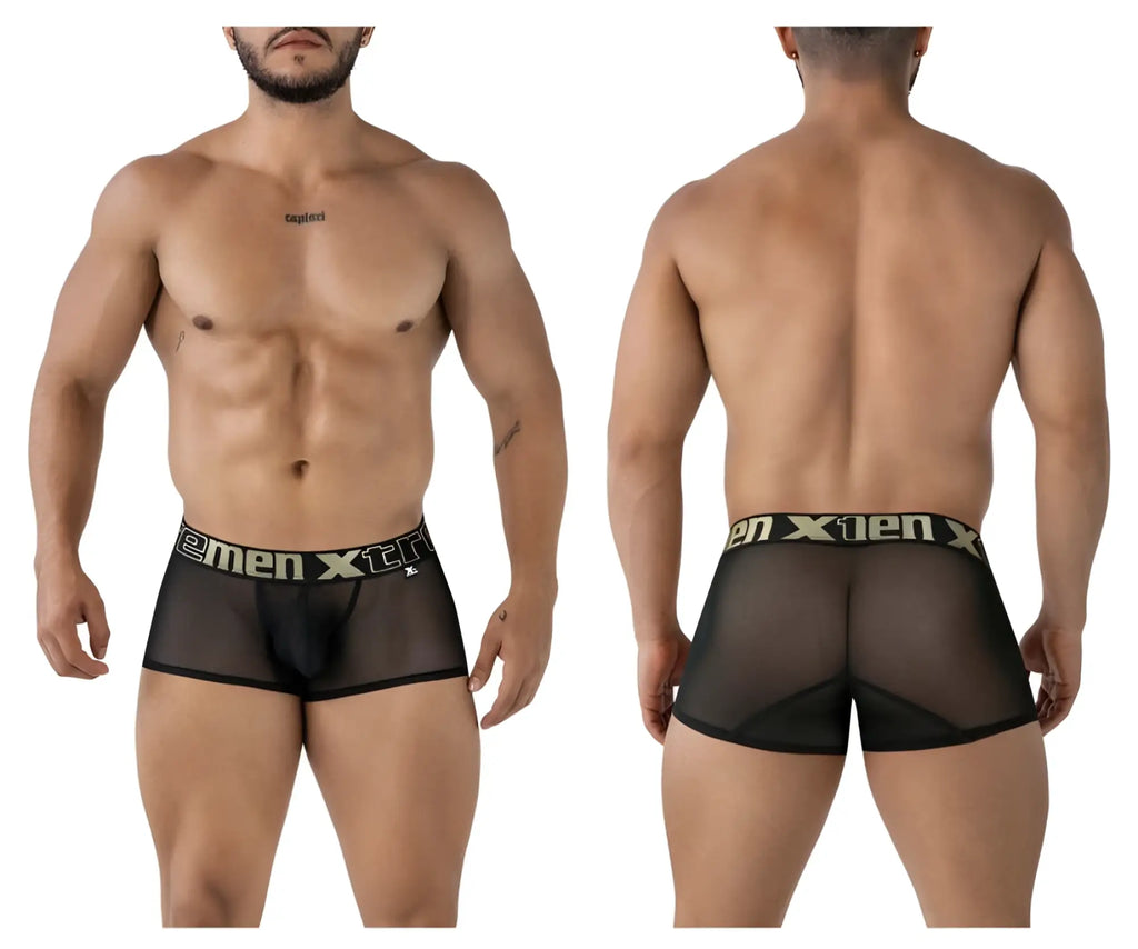 Black sheer mesh men’s briefs with black elastic waistband featuring xtreme logo in white and gold lettering