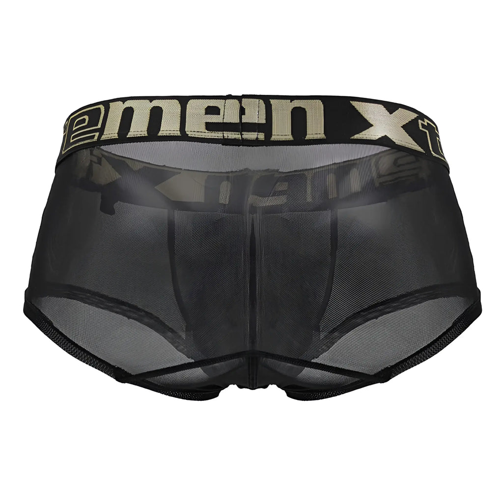 Black sheer mesh men’s underwear with black elastic waistband and beige xtreme branding in xtremen 91237 microfiber trunks