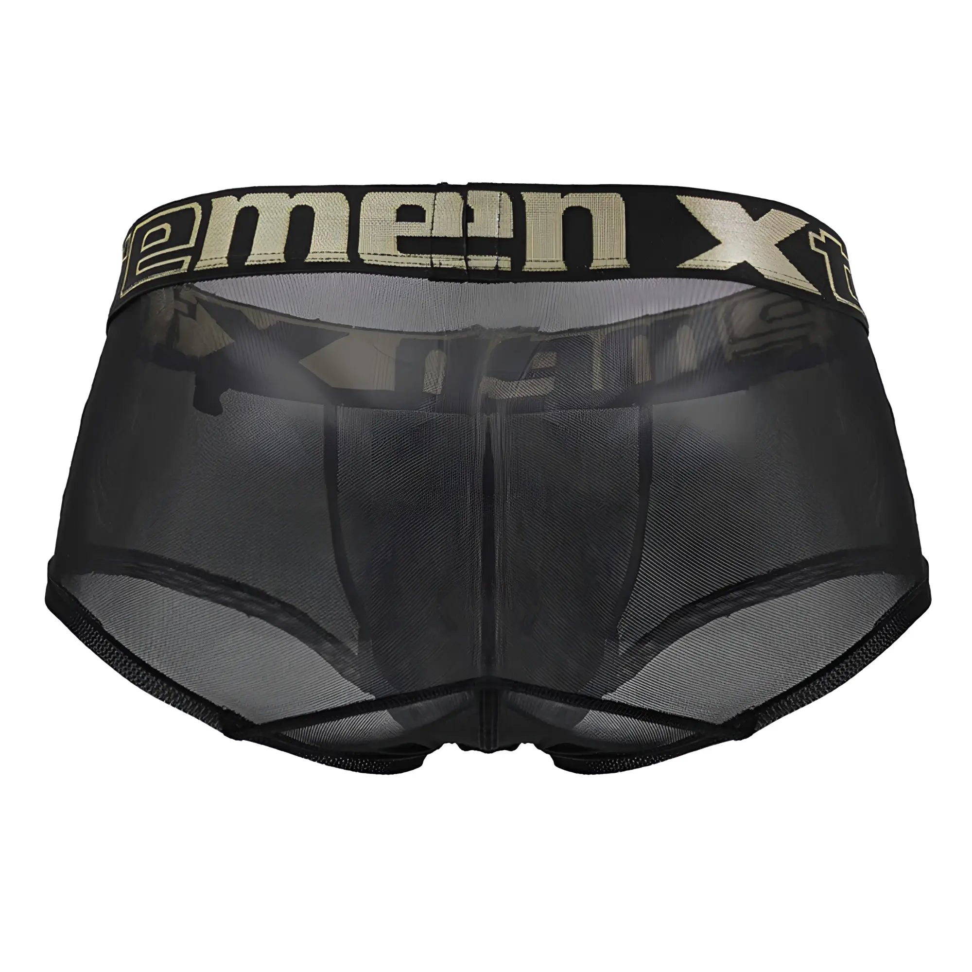 Black sheer mesh men’s underwear with black elastic waistband and beige xtreme branding in xtremen 91237 microfiber trunks