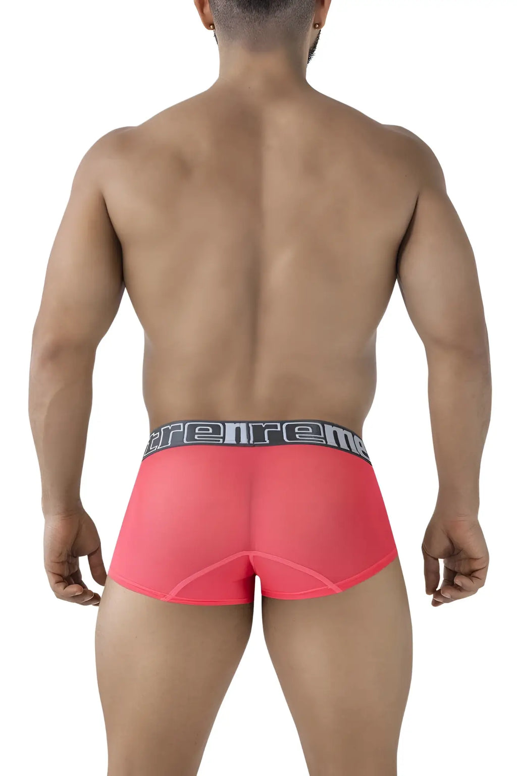 Bright pink sheer microfiber boxer briefs with a black gray elastic waistband featuring the trenreme brand name