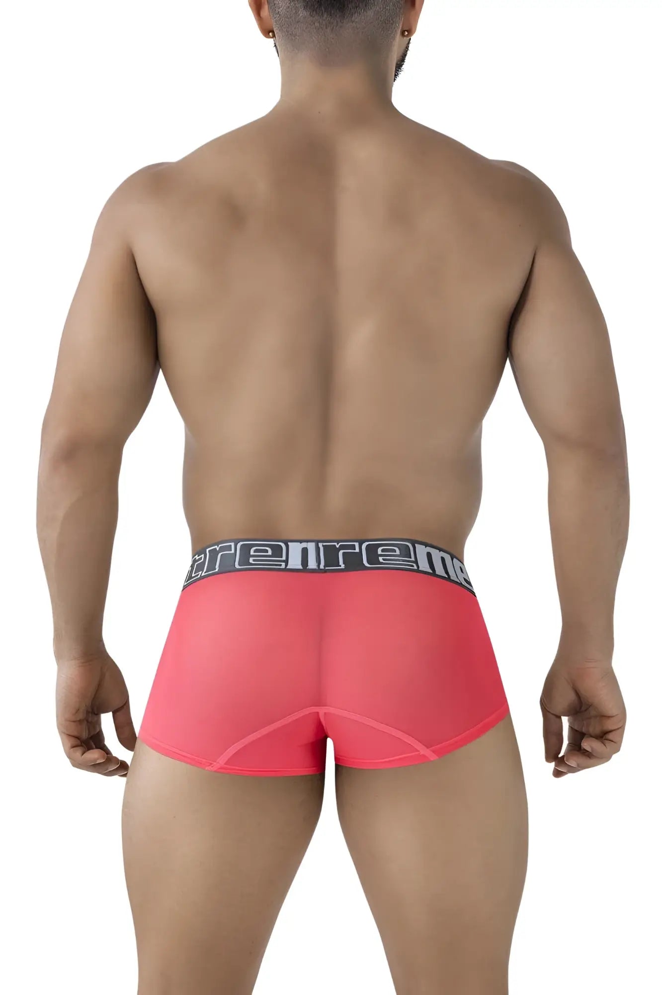 Bright pink sheer microfiber boxer briefs with a black gray elastic waistband featuring the trenreme brand name