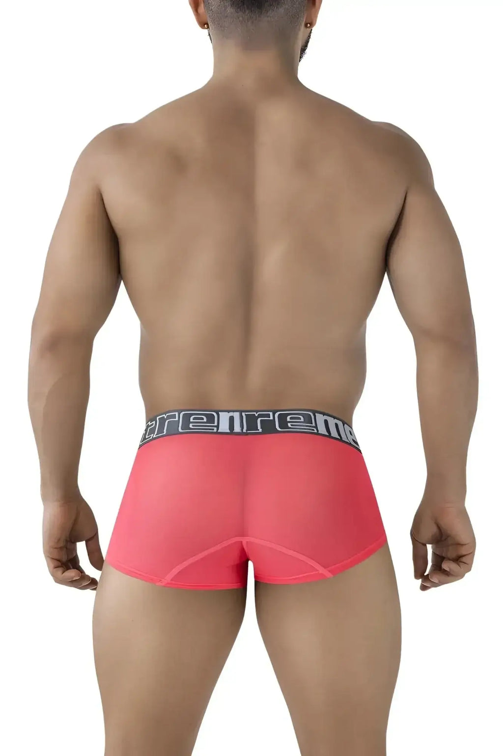 Bright pink sheer microfiber boxer briefs with a black gray elastic waistband featuring the trenreme brand name