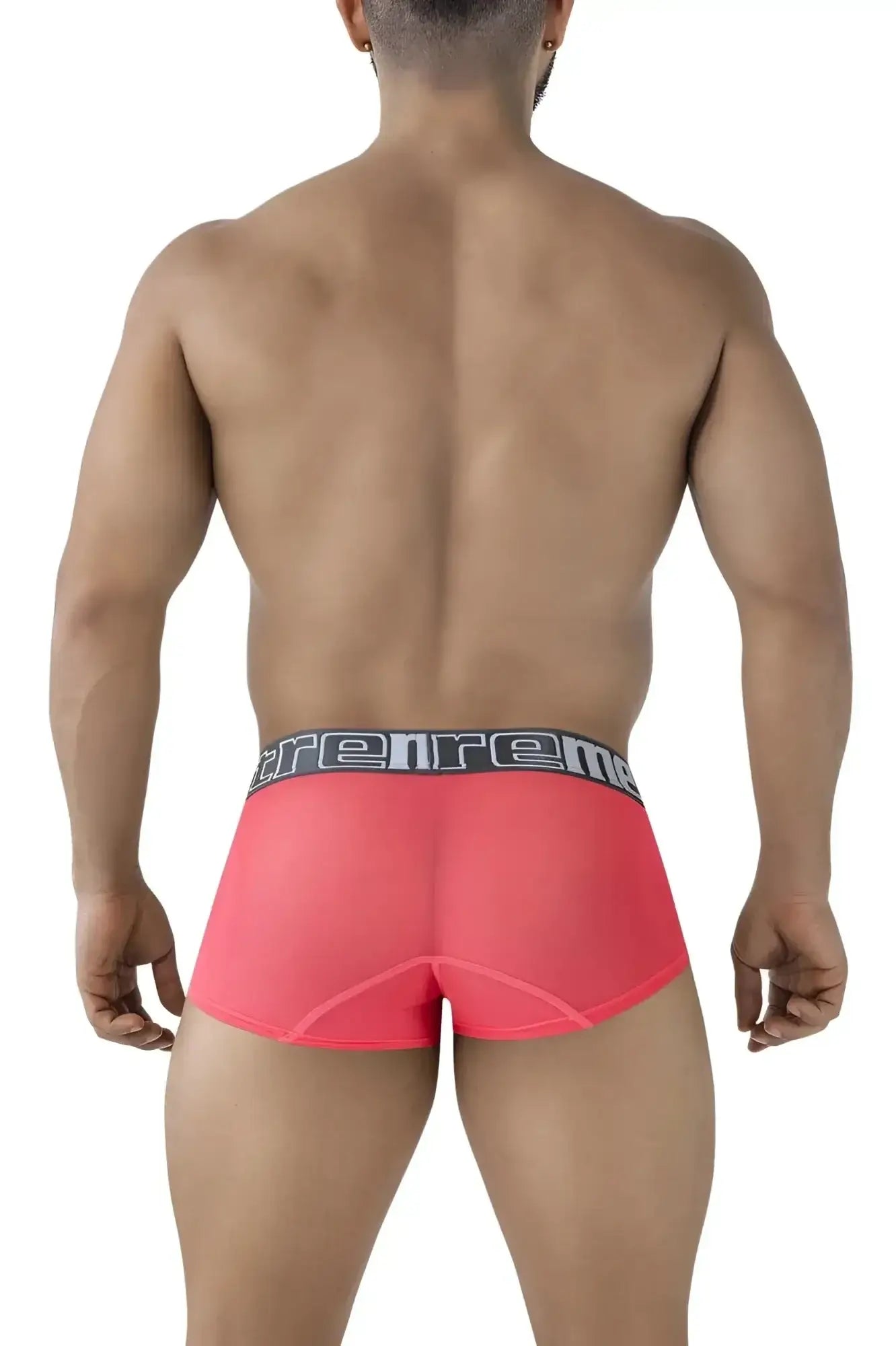 Bright pink sheer microfiber boxer briefs with a black gray elastic waistband featuring the trenreme brand name