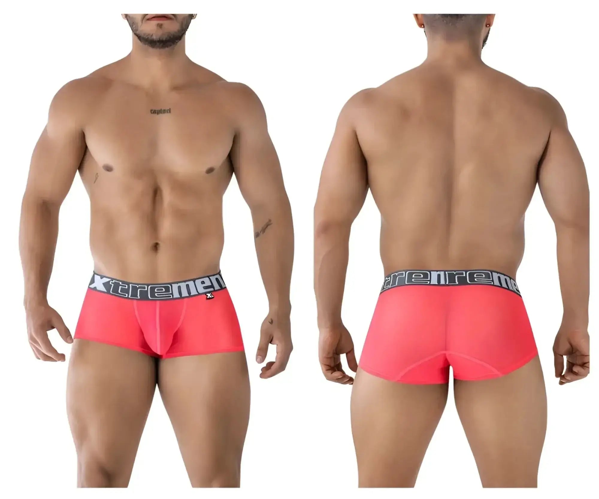Vibrant coral fuchsia xtremen 91237 microfiber men’s briefs with black waistband and white logo lettering