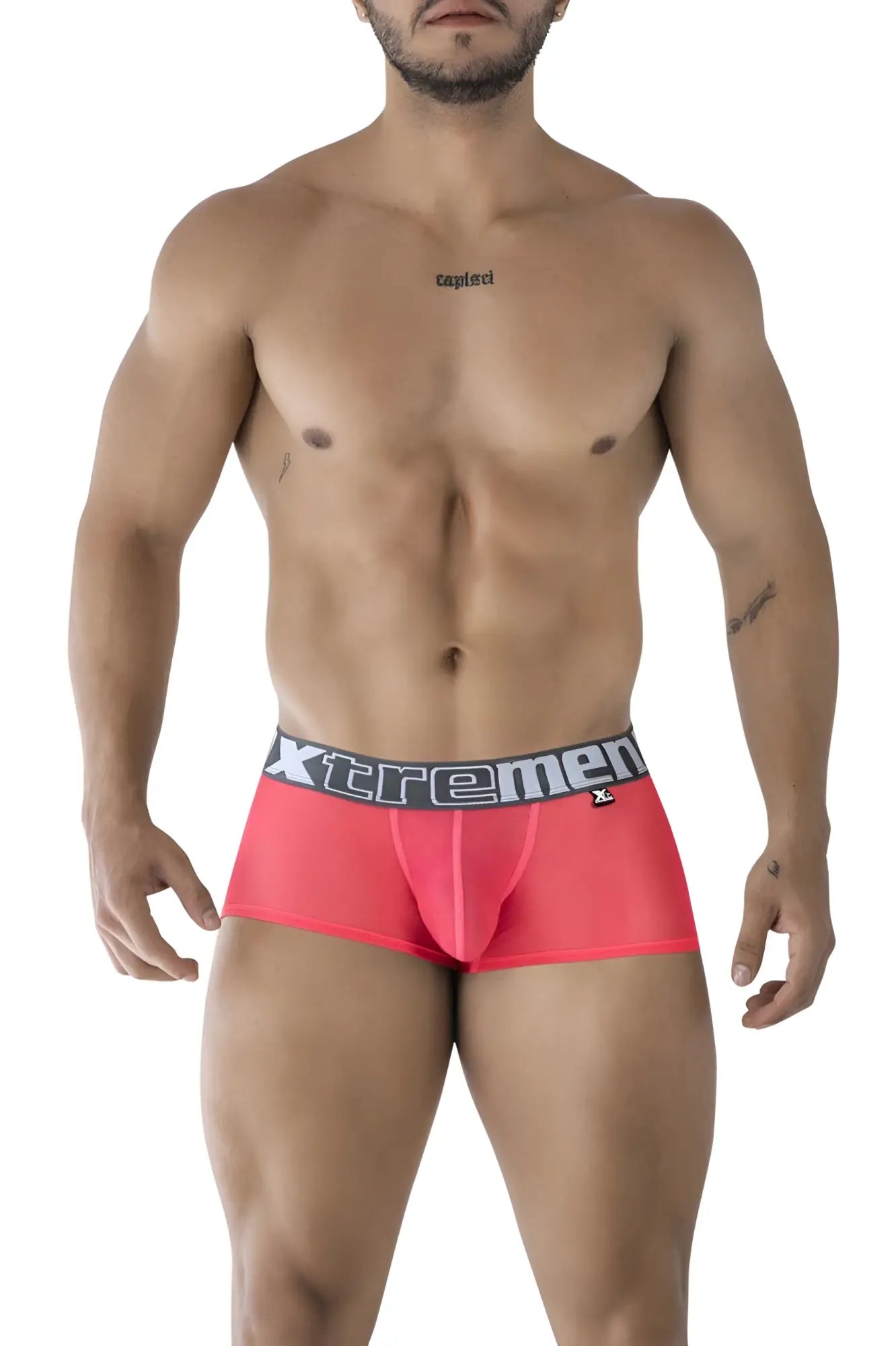 Bright red sheer mesh xtremen microfiber briefs with black and white logo waistband in fuchsia color