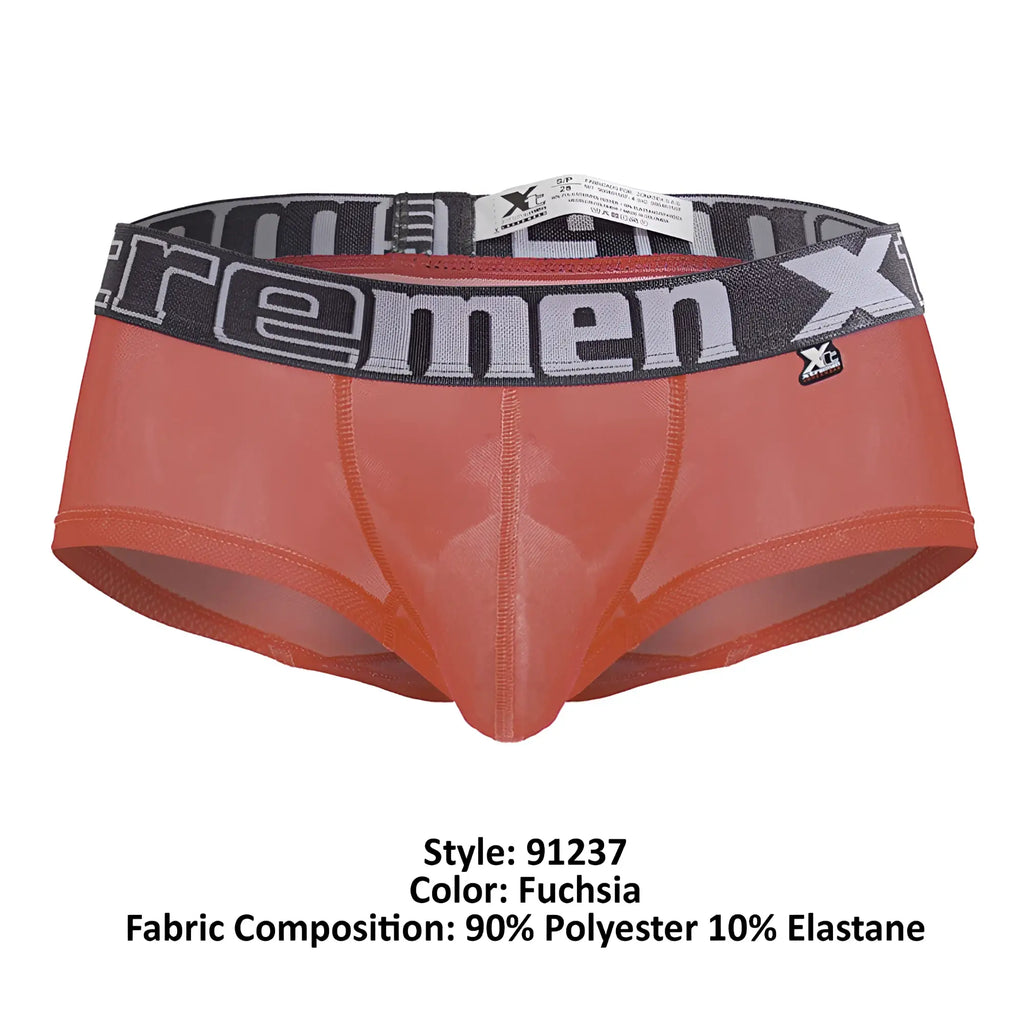 Fuchsia sheer microfiber men’s briefs with black gray elastic waistband featuring xtremen logo front view