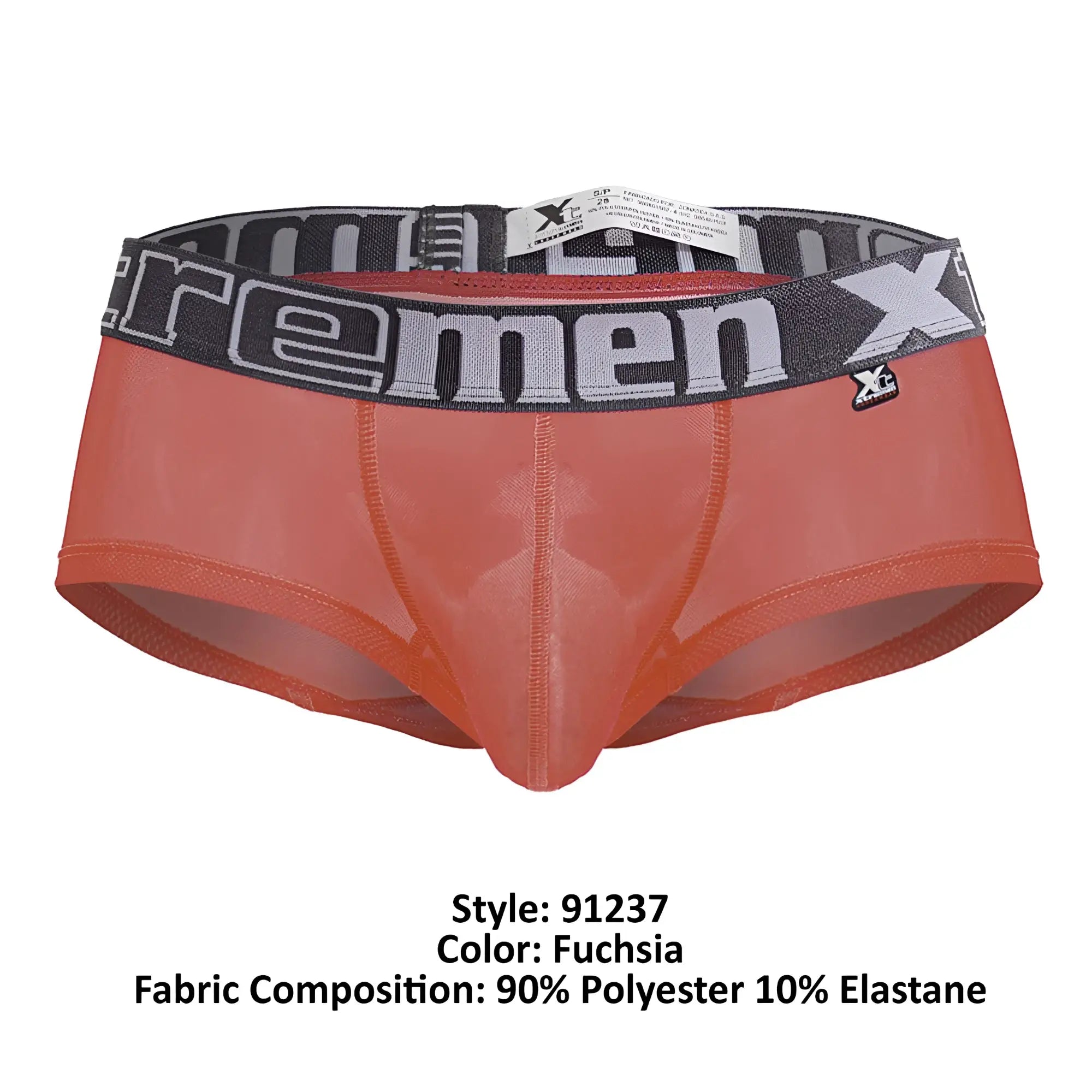 Fuchsia sheer microfiber men’s briefs with black gray elastic waistband featuring xtremen logo front view
