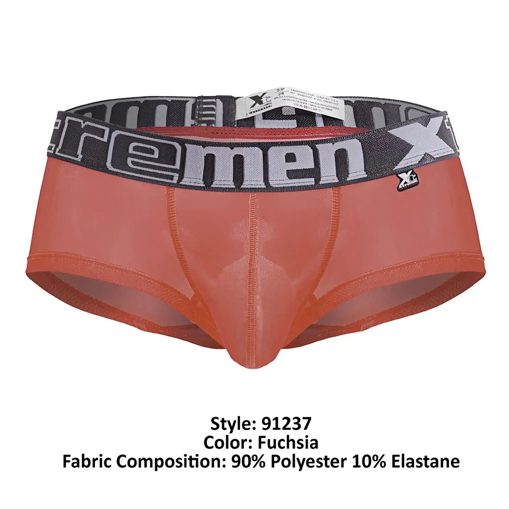 Fuchsia sheer microfiber men’s briefs with black gray elastic waistband featuring xtremen logo front view