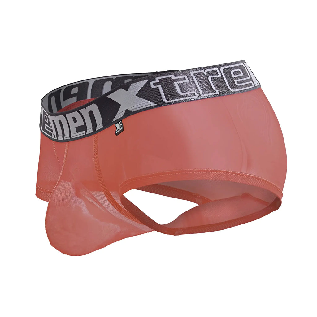 Coral-colored sheer mesh men’s briefs with black waistband and white xtreme branding xtremen 91237 microfiber trunks