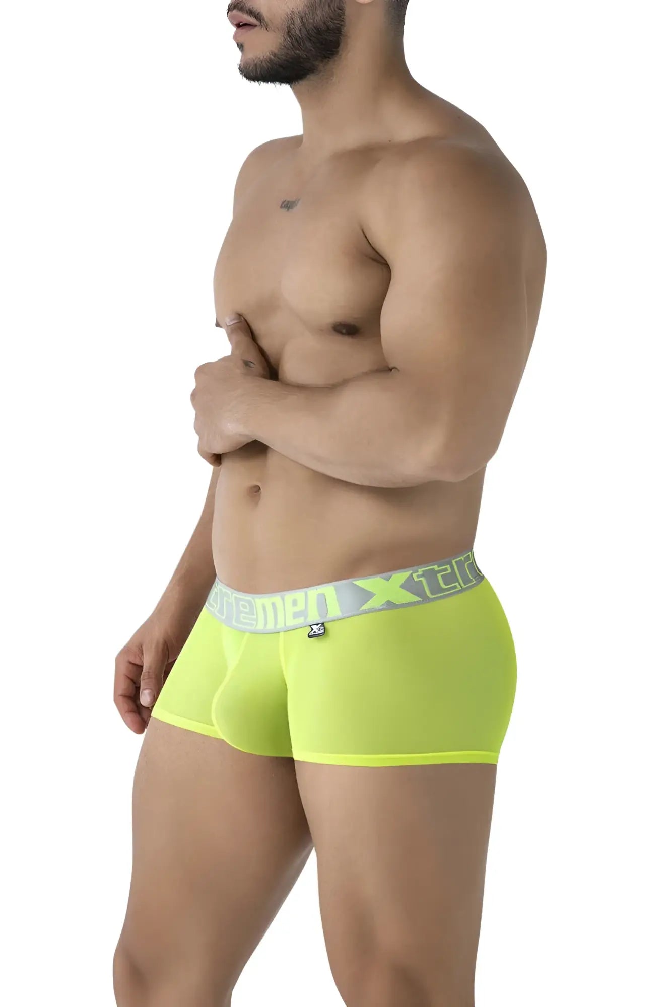 Bright neon green xtremen 91237 microfiber men’s briefs with gray and white branded waistband for comfortable wear
