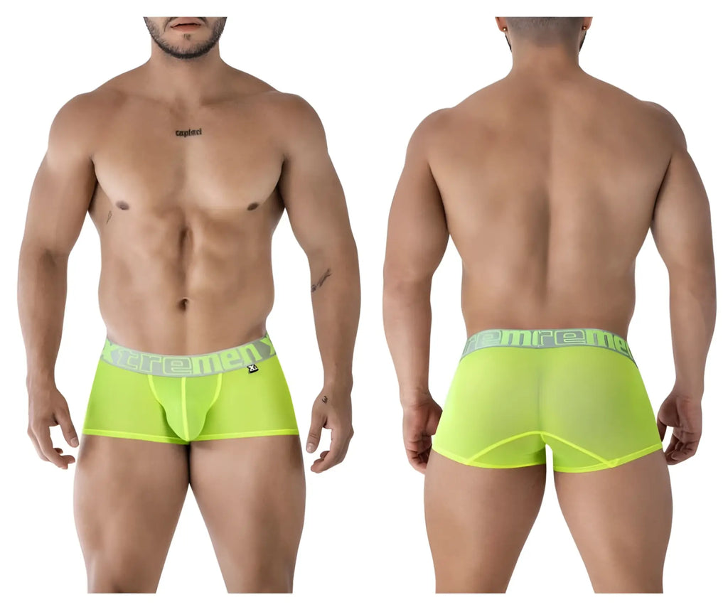 Xtremen 91237 neon green sheer microfiber men’s briefs with matching elastic waistband featuring extreme logo in gray