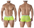 Xtremen 91237 neon green sheer microfiber men’s briefs with matching elastic waistband featuring extreme logo in gray