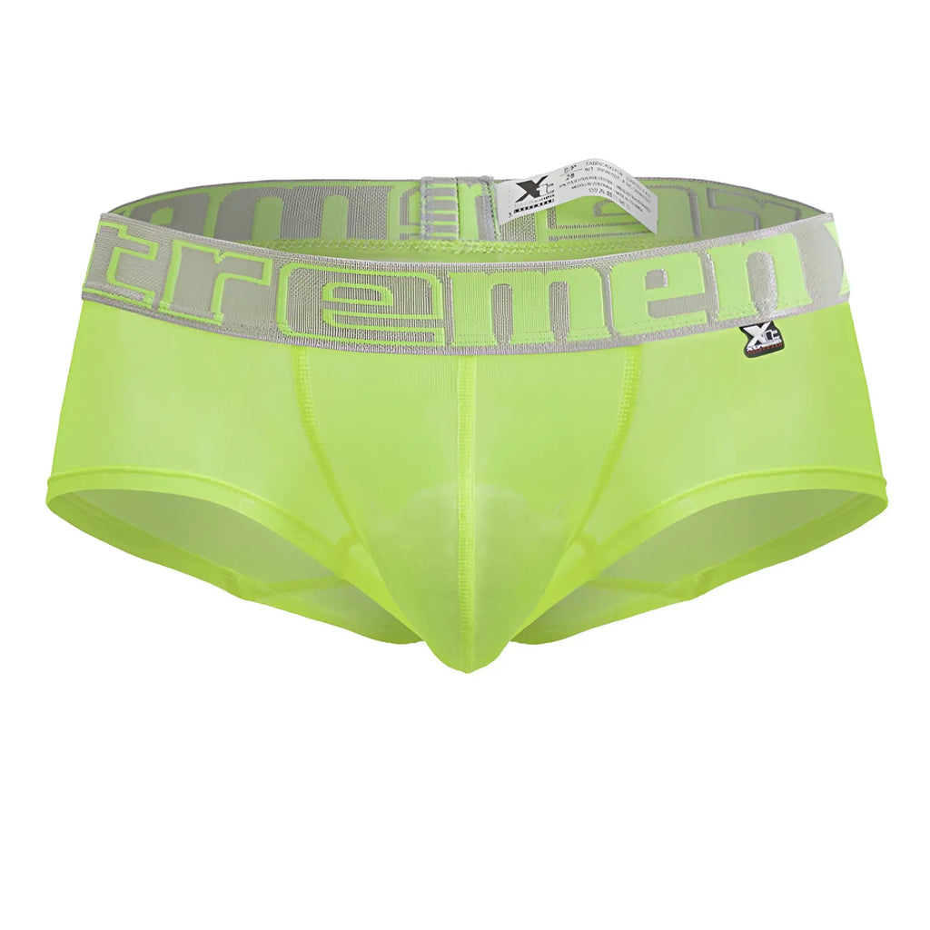 Bright neon green sheer microfiber men’s trunks with gray waistband featuring xtremen logo in neon green lettering