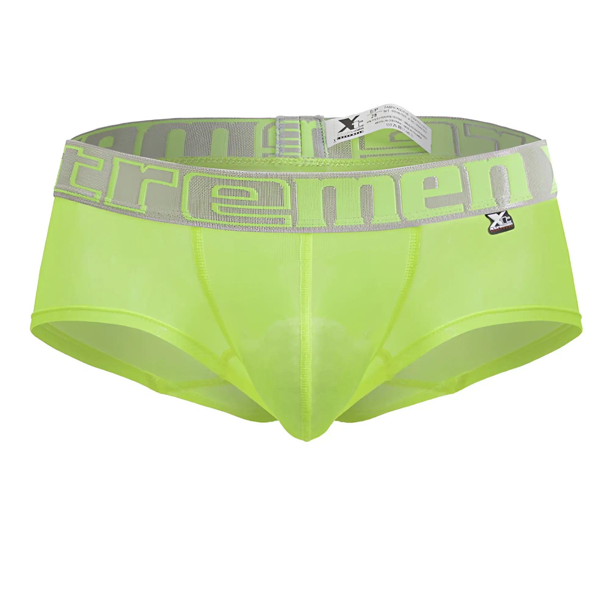 Bright neon green sheer microfiber men’s trunks with gray waistband featuring xtremen logo in neon green lettering
