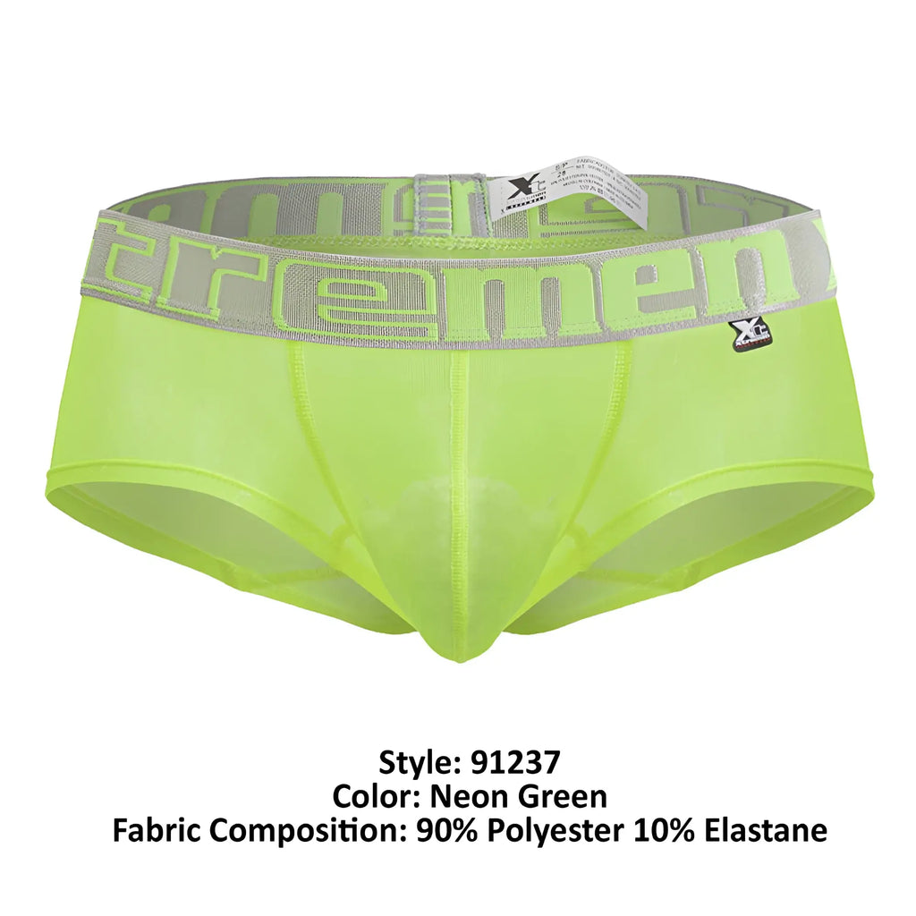 Neon green xtremen 91237 microfiber men’s briefs with gray elastic waistband and neon green tremen logo