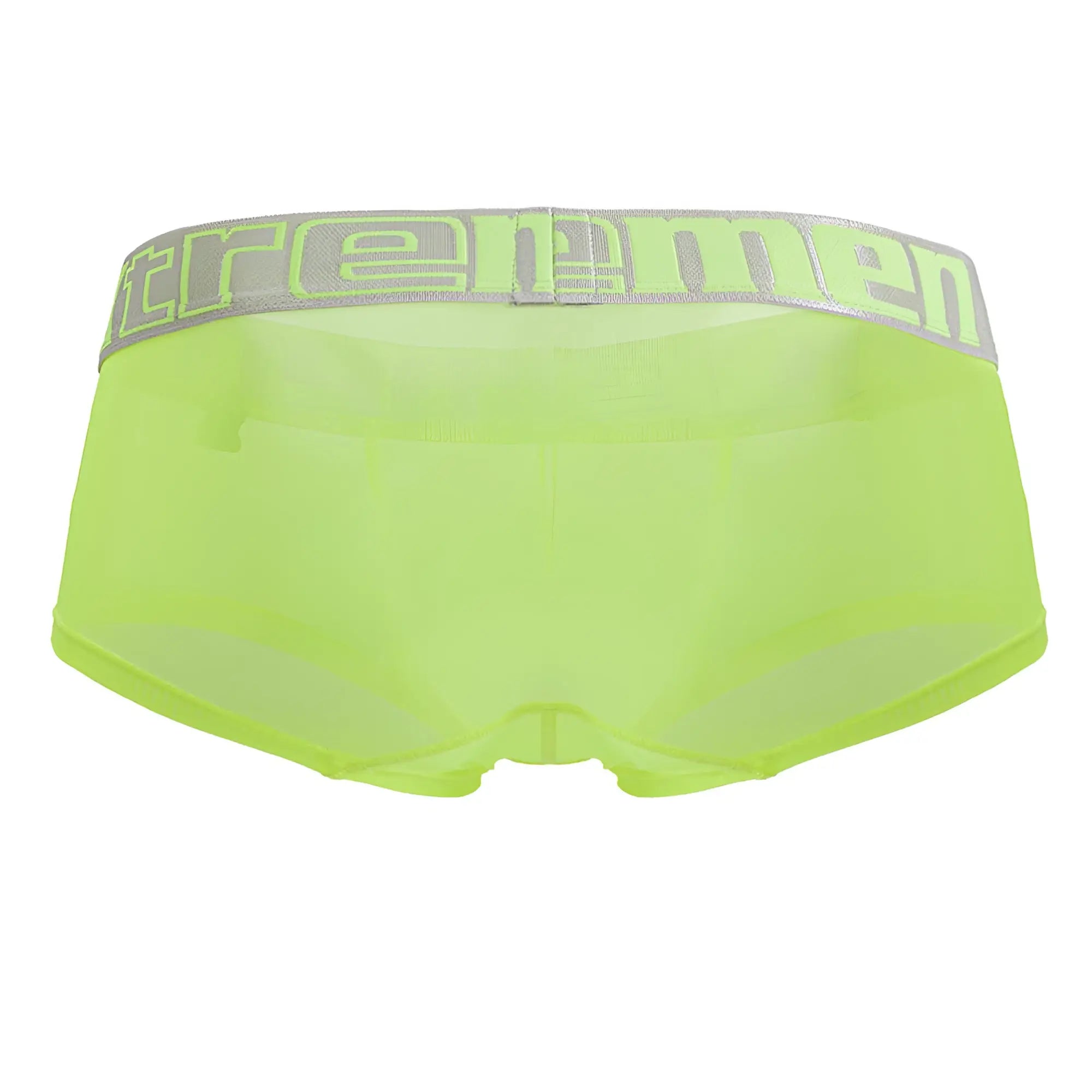 Neon green sheer men’s microfiber briefs with gray elastic waistband featuring Xtremen logo in neon green lettering