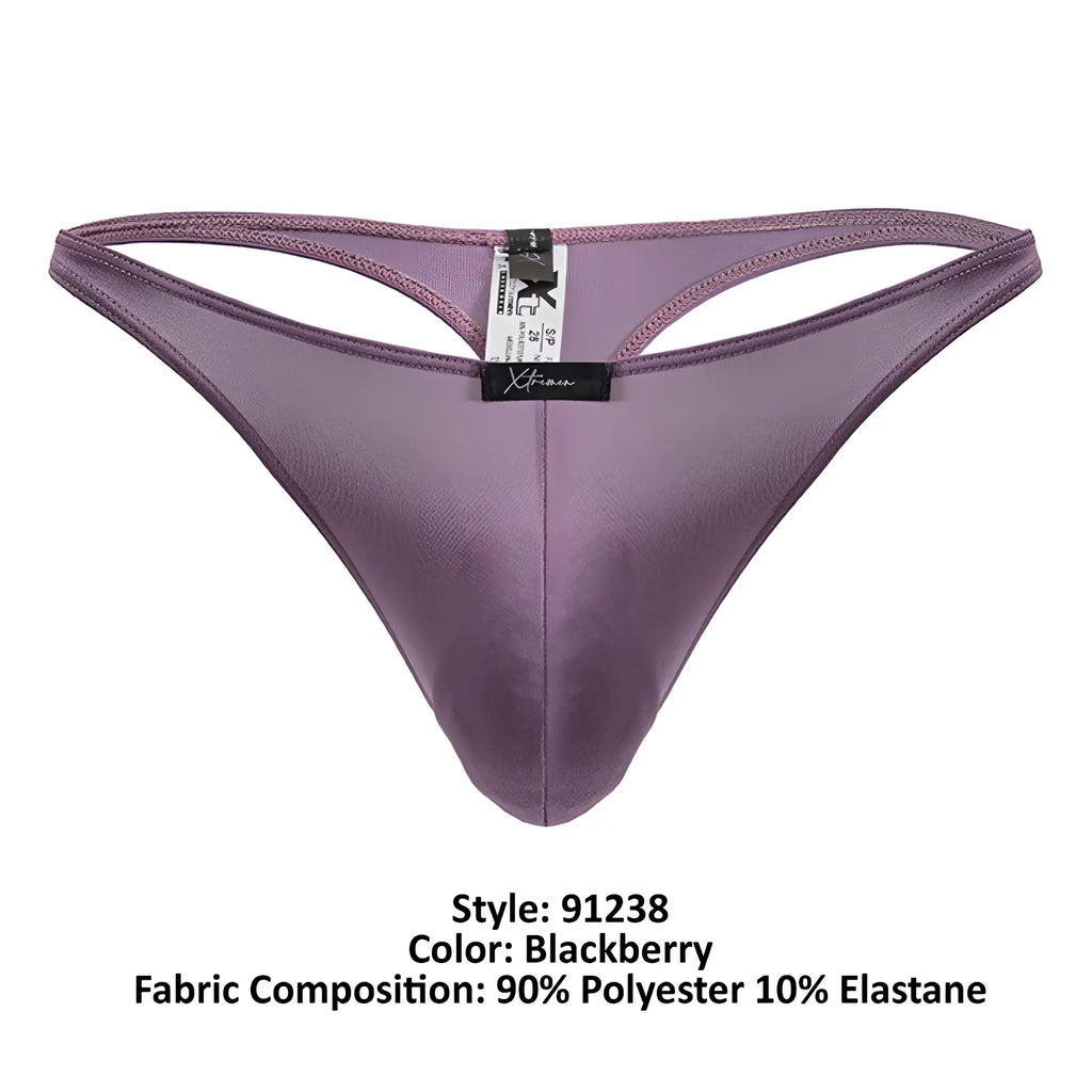 Purple satin-like microfiber thong with black brand tag and size label in blackberry color by Xtremen