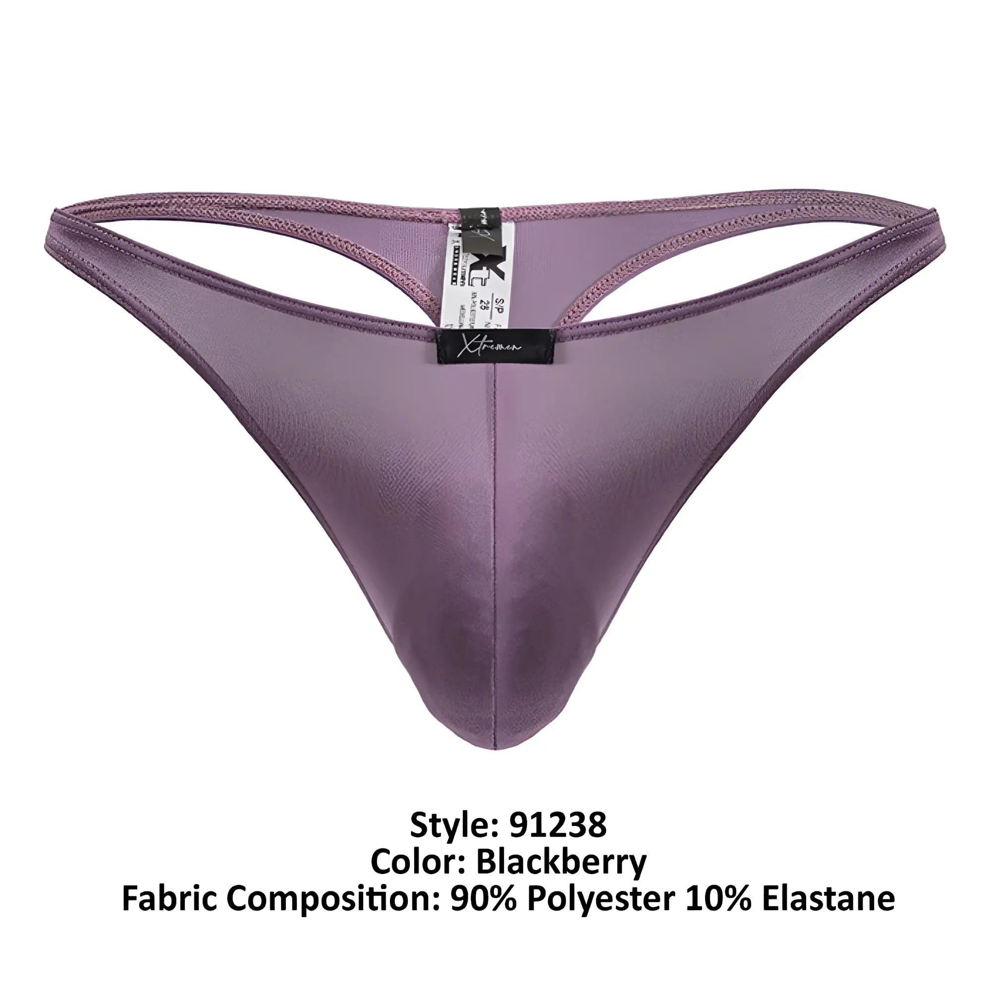 Purple satin-like microfiber thong with black brand tag and size label in blackberry color by Xtremen