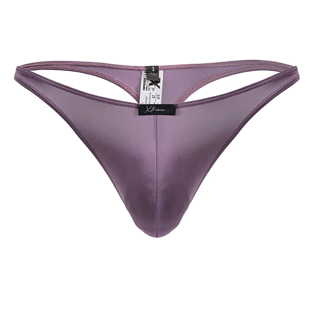 Xtremen 91238 blackberry microfiber thong in purple satin with sleek smooth texture and central seam shown from back side