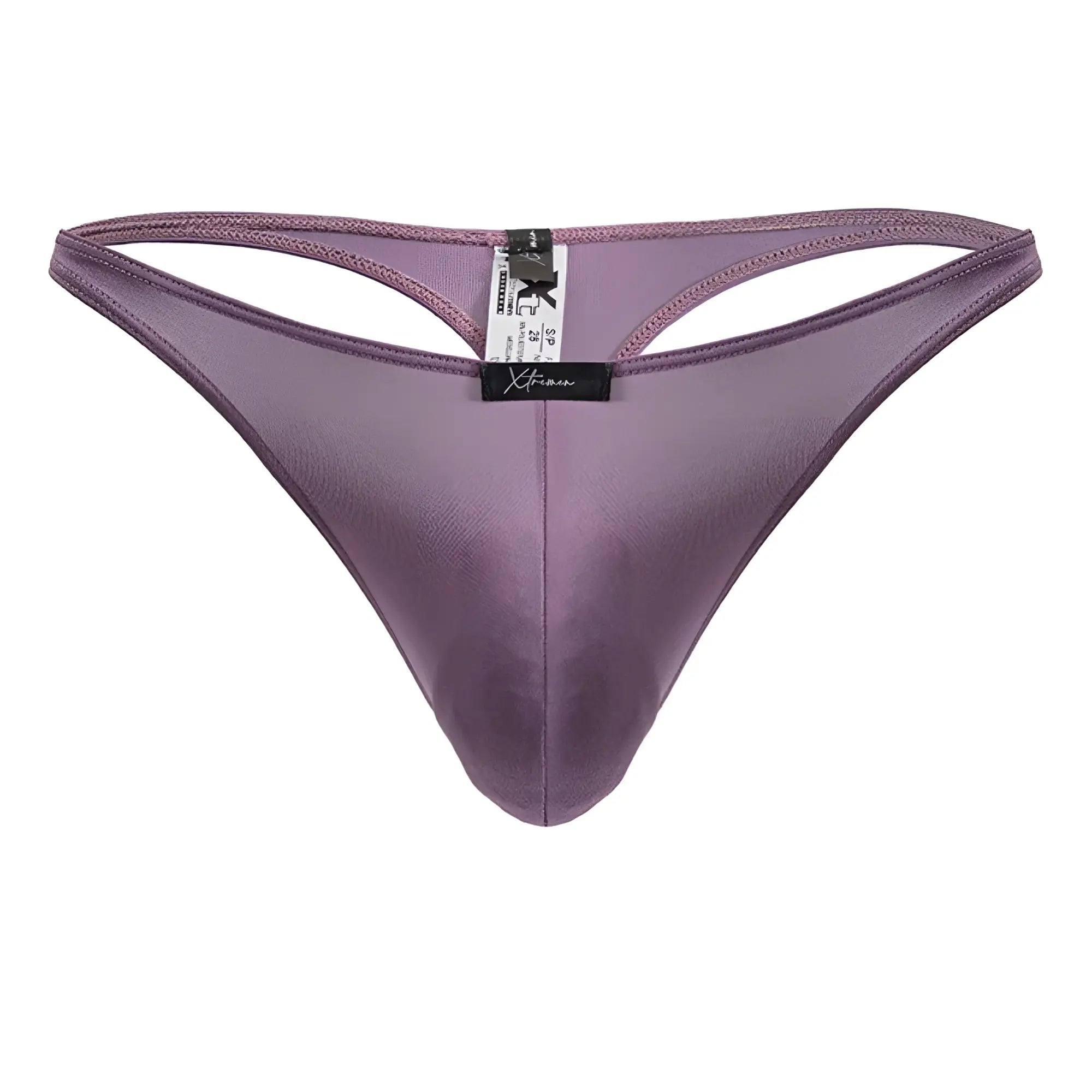 Xtremen 91238 blackberry microfiber thong in purple satin with sleek smooth texture and central seam shown from back side