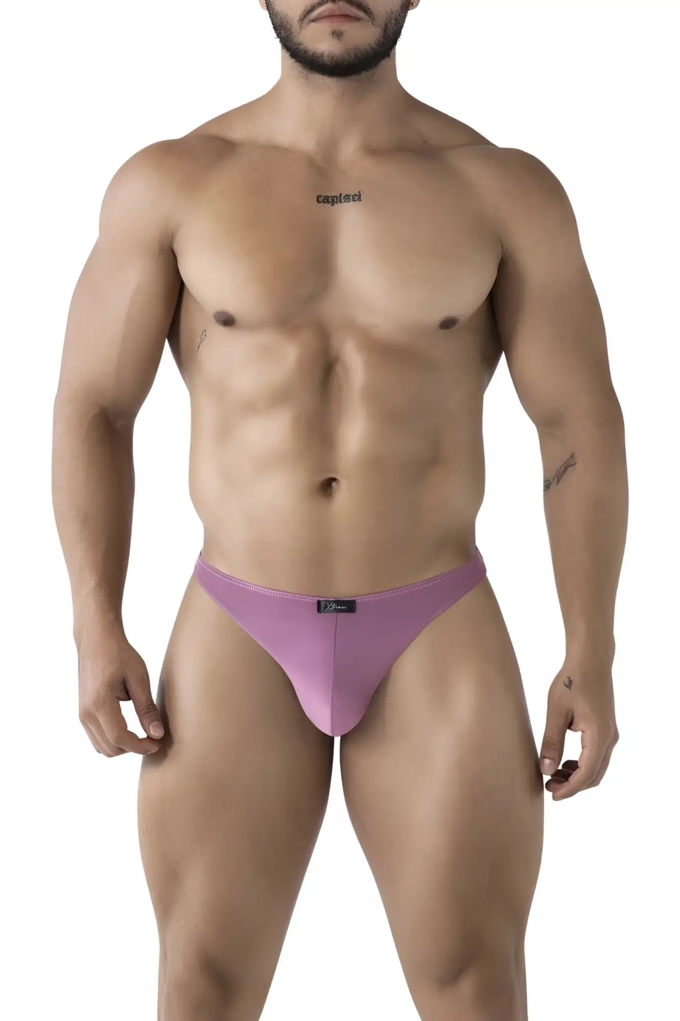 Purple Xtremen 91238 microfiber thong in blackberry with a sleek minimalist design and small black brand tag at waistband