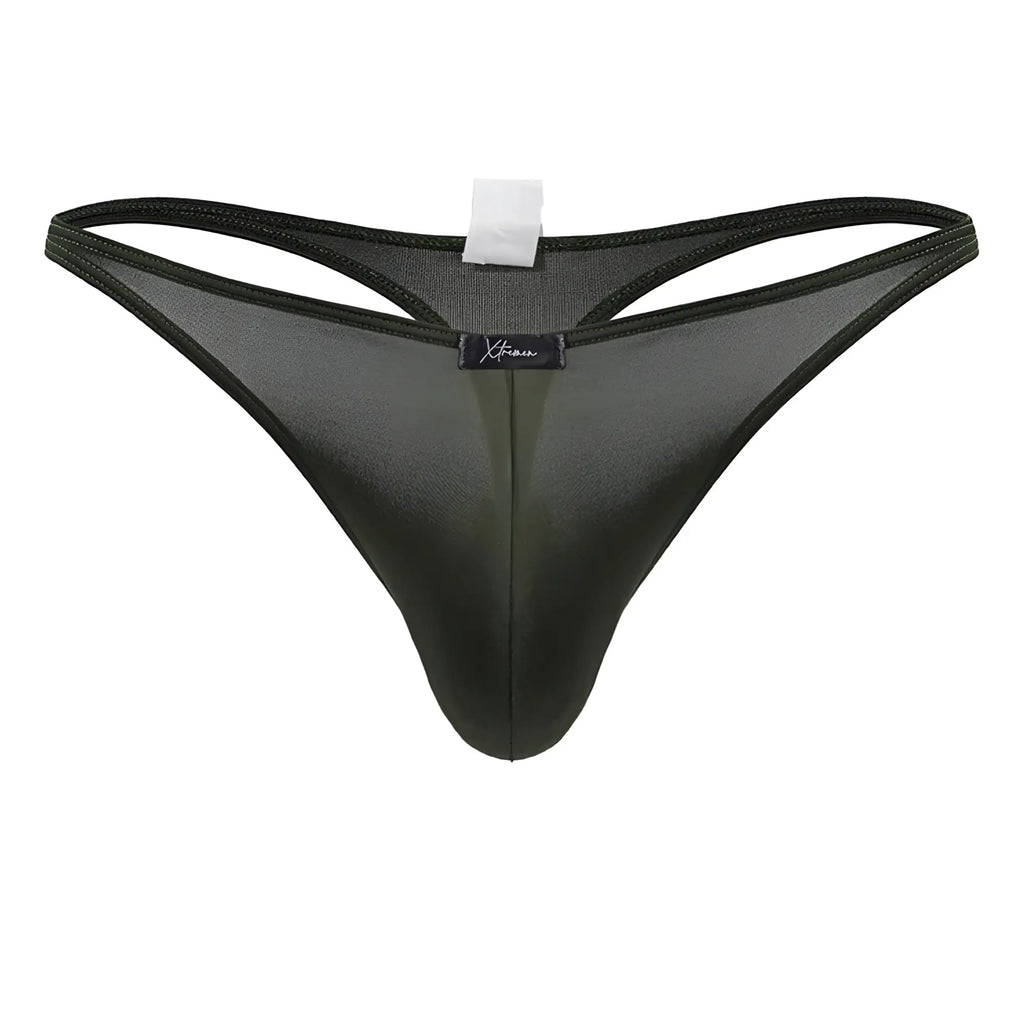 Black sheer mesh Xtremen 91238 microfiber thong with subtle sheen and reinforced elastic waistband in green color