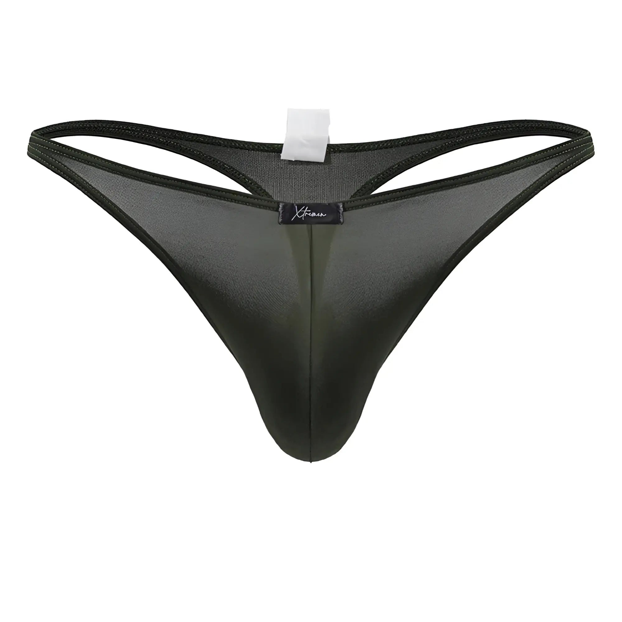 Black sheer mesh Xtremen 91238 microfiber thong with subtle sheen and reinforced elastic waistband in green color