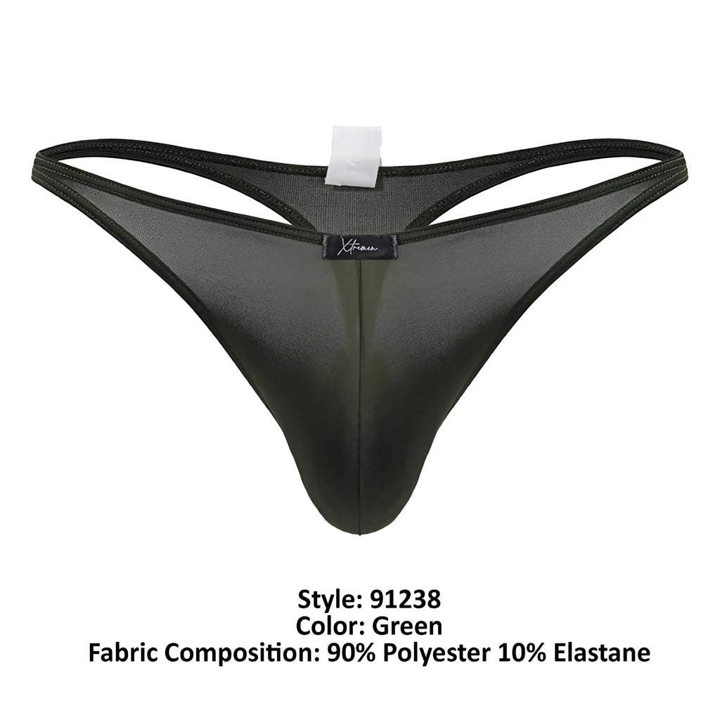 Black sheer green microfiber thong with subtle sheen and reinforced elastic waistband xtremen 91238 model