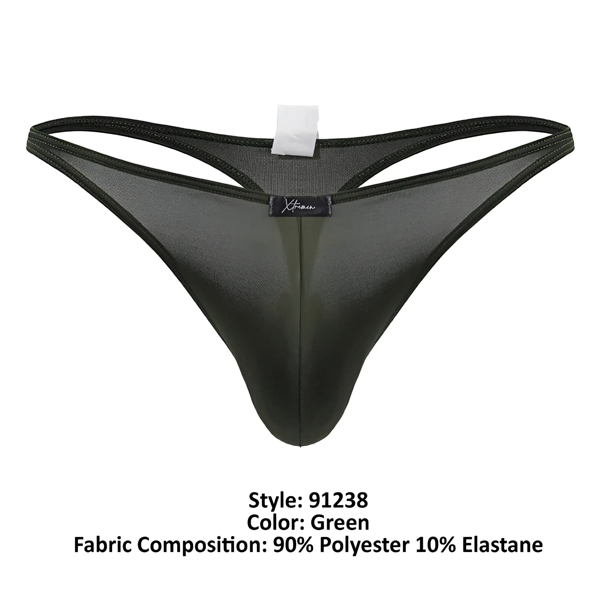 Black sheer green microfiber thong with subtle sheen and reinforced elastic waistband xtremen 91238 model
