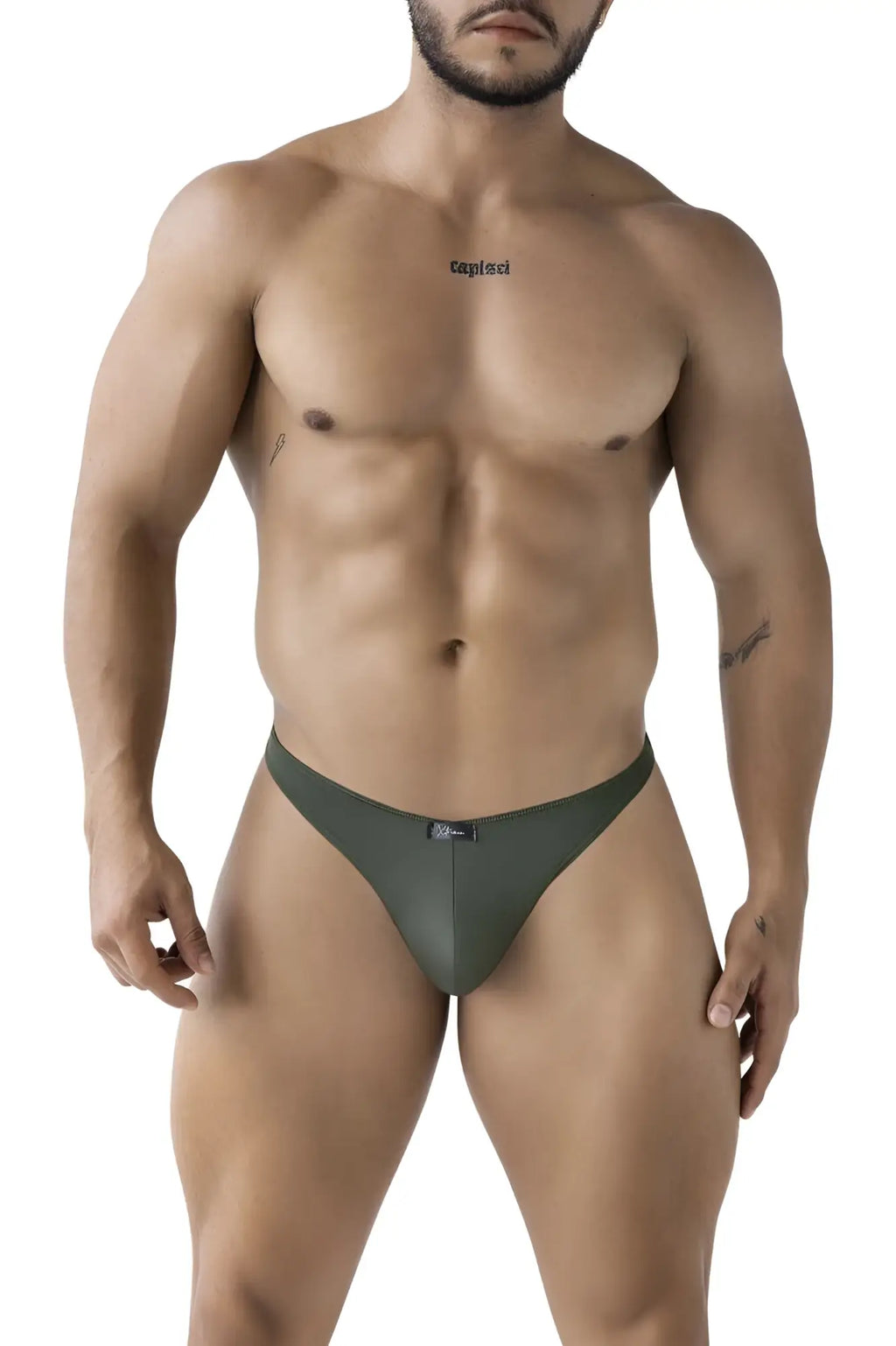 Dark olive green xtremen 91238 microfiber thong made of smooth stretchy fabric with small black brand tag at waistband