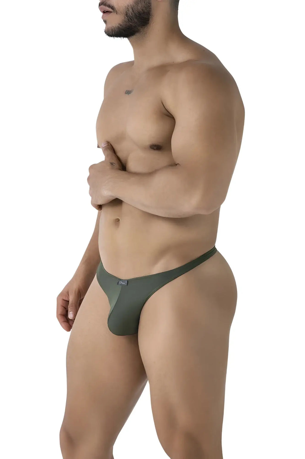 Olive green xtremen 91238 microfiber athletic cut briefs with a small blue brand tag on the side seam