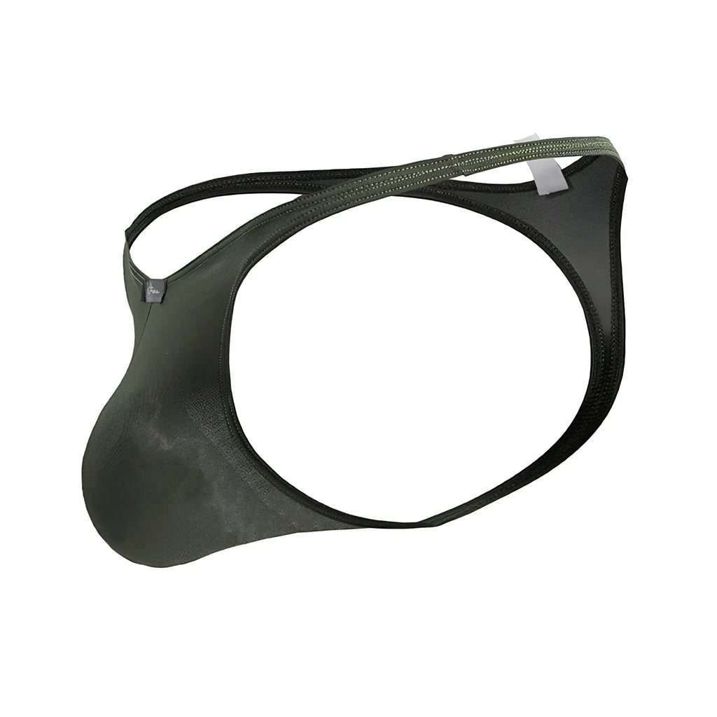 Olive green xtremen 91238 microfiber men’s thong made of smooth stretchy fabric with sleek design and black trim