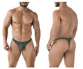 Olive green xtremen 91238 microfiber men’s thong with a small metallic logo on the front
